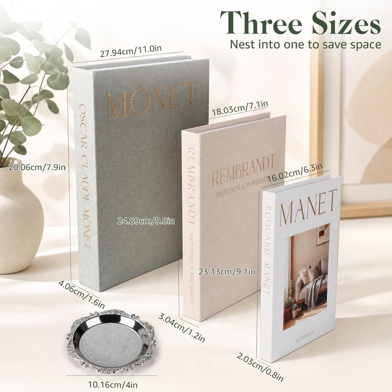 Faux Book Box Set of 3 & Bonus Tray, Linen Decorative Books for Home