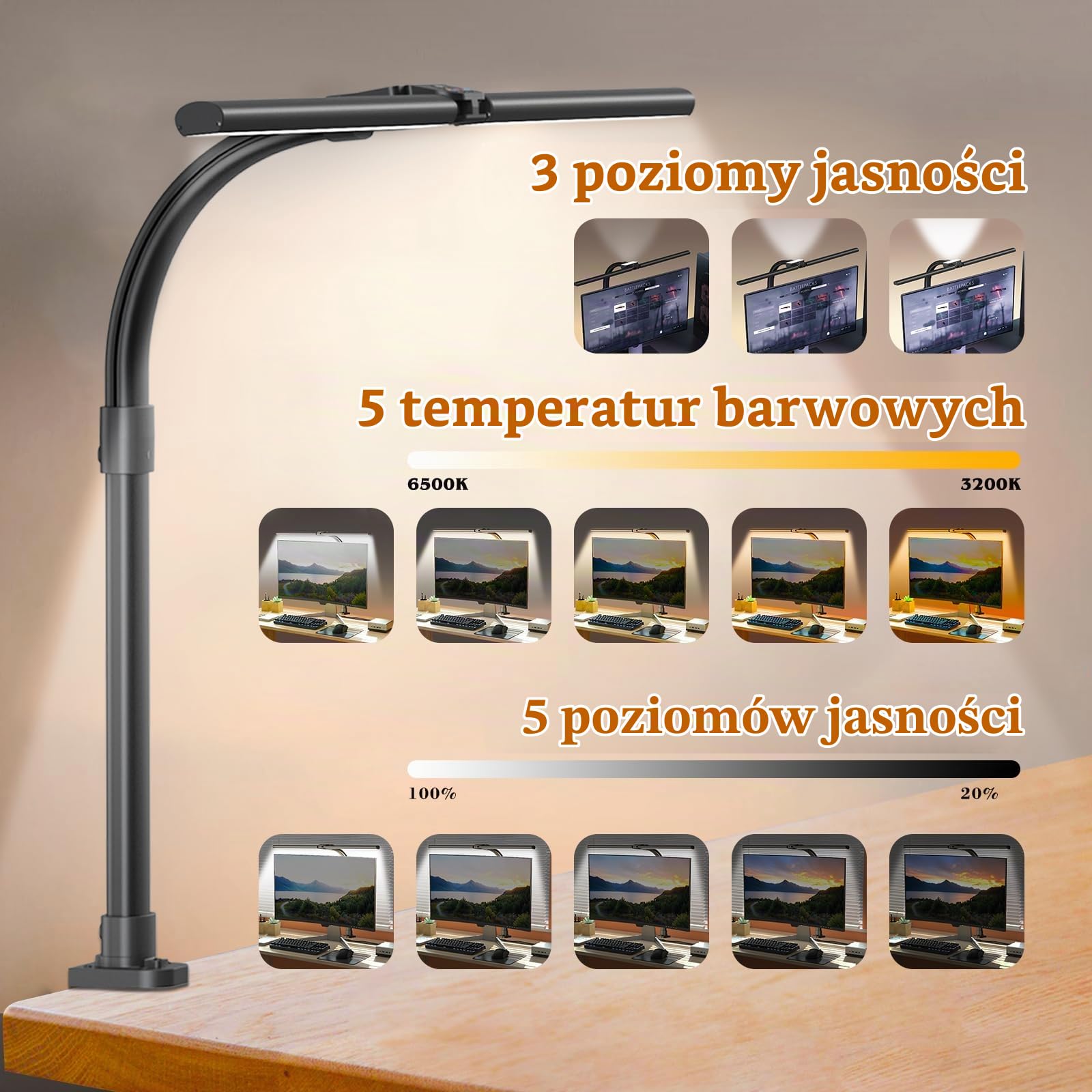 tantu Lampa biurkowa LED, ściemniana, 15 W, bezprzewodowe ładowanie i ładowanie USB, 24 W, 80 cm, podwójna głowica, 5 kolorów, 5 poziomów jasności (czarna – klipsy)