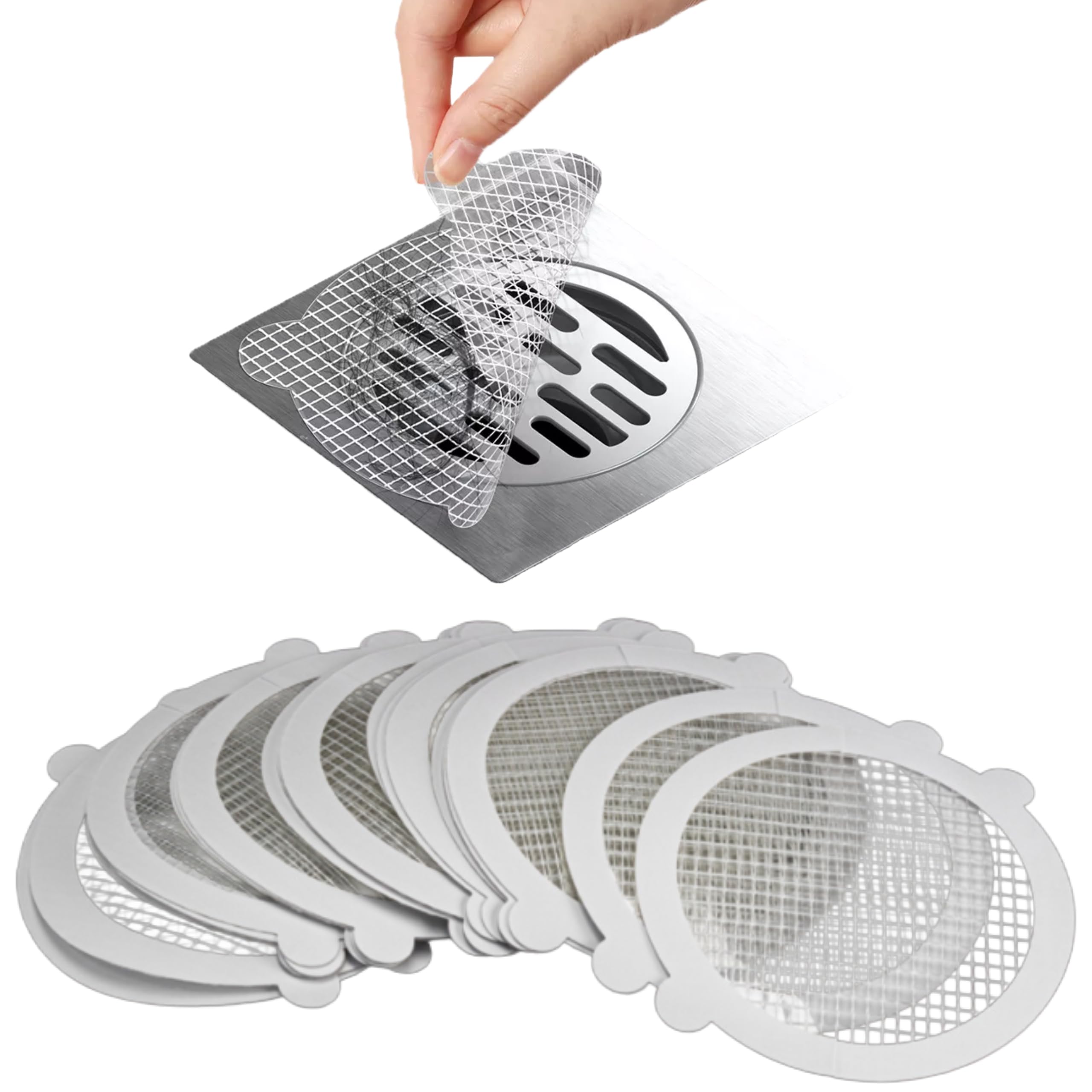 Disposable Shower Drain Hair Catcher Filters – Anti-Clogging Fibreglass Mesh Traps Human & Pet Hair – Self-Adhesive Waterproof Drain Stickers for Bathroom & Bathtub (Round - 25 Pack)