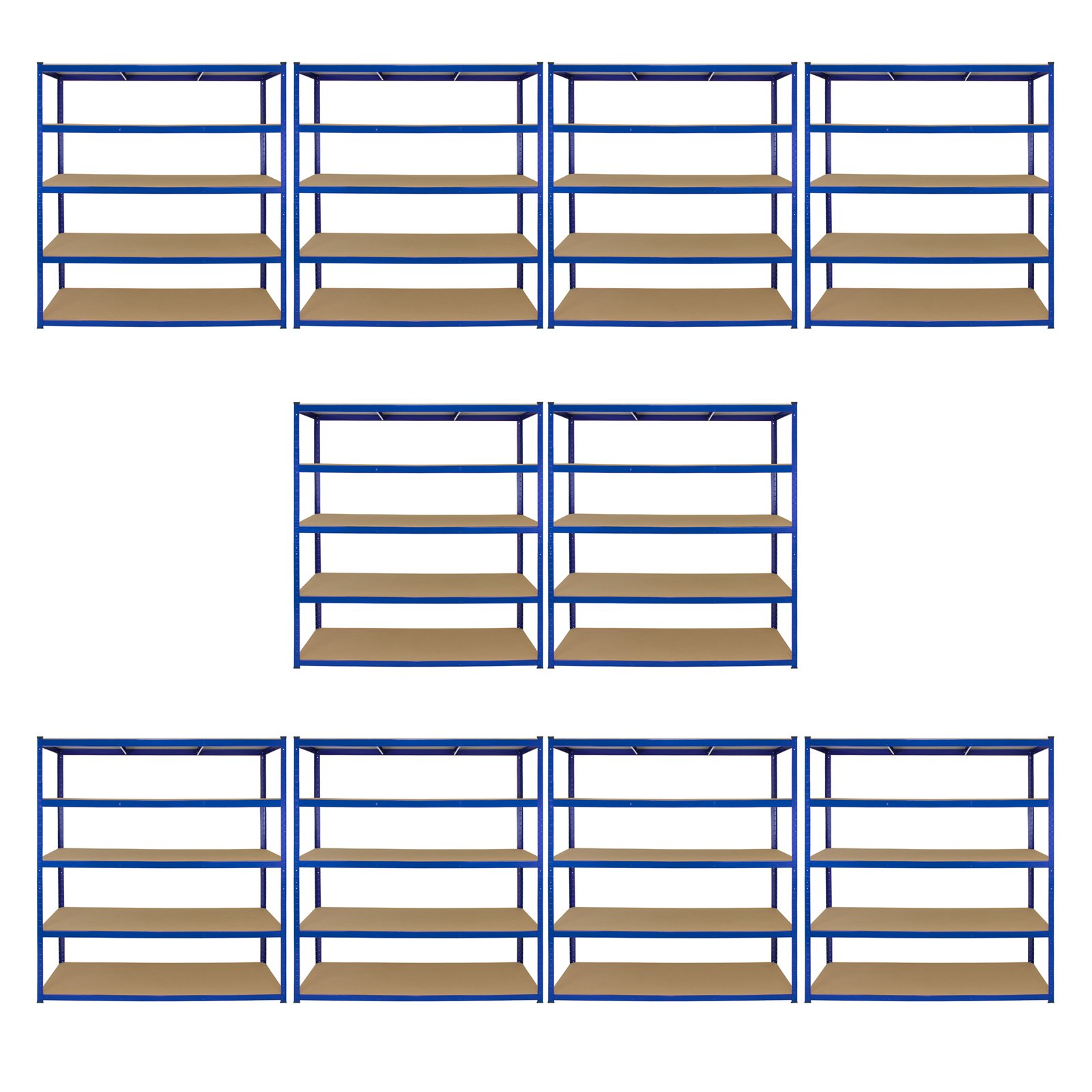 10 Estanterías Metálicas Azules T-Rax sin Tornillos 160x60x180cm de 5 Estantes Baldas Repisas Capacidad Peso 265kg por Estante Almacenamiento Almacenaje Herramientas Taller Garaje Almacén Cobertizo