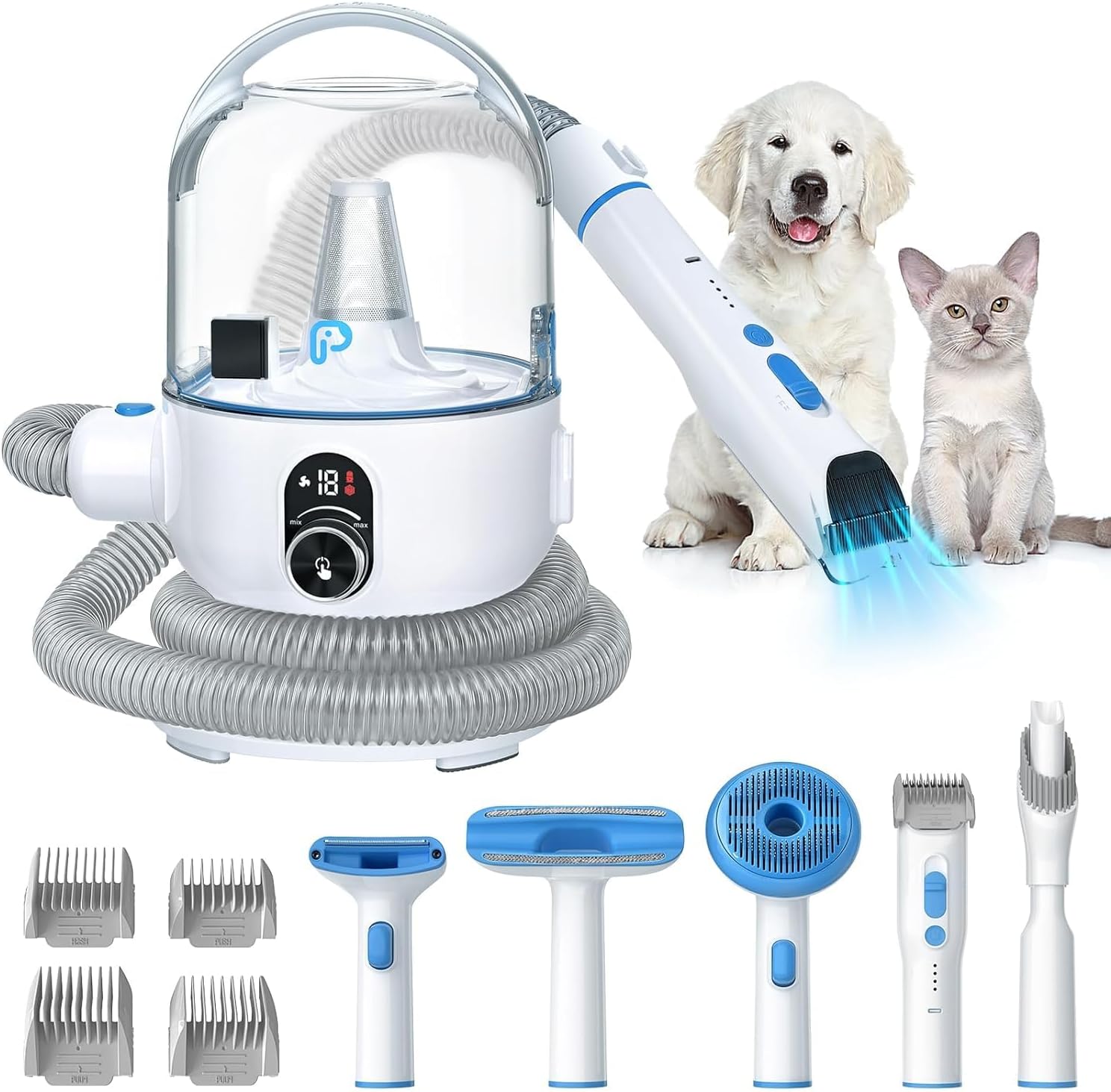 Pet Grooming Vacuum Kit, Low Noise Dog Grooming Vacuum for Shedding with 2L Large Capacity Hair Storage, Dog Vacuum with 5 Professional Tools for Shedding Grooming Dog Cat Pet Hair - Blue