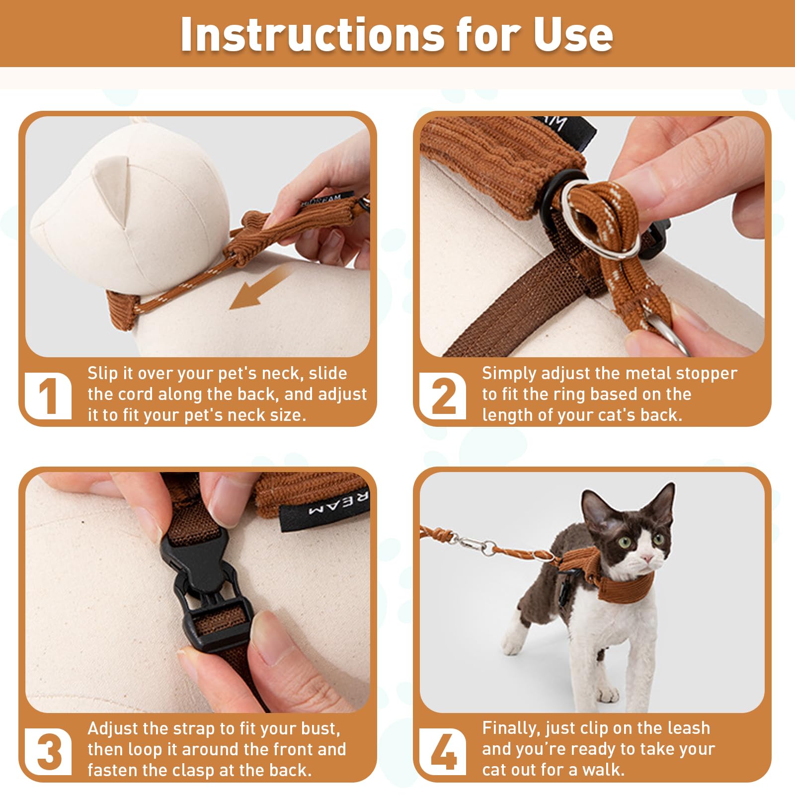 Juego de arnés y correa para gatos, arnés suave ajustable a prueba de escape para gatos, correa para mascotas para cruzar/cintura/de mano, cómodo y ligero para caminar al aire libre (café)