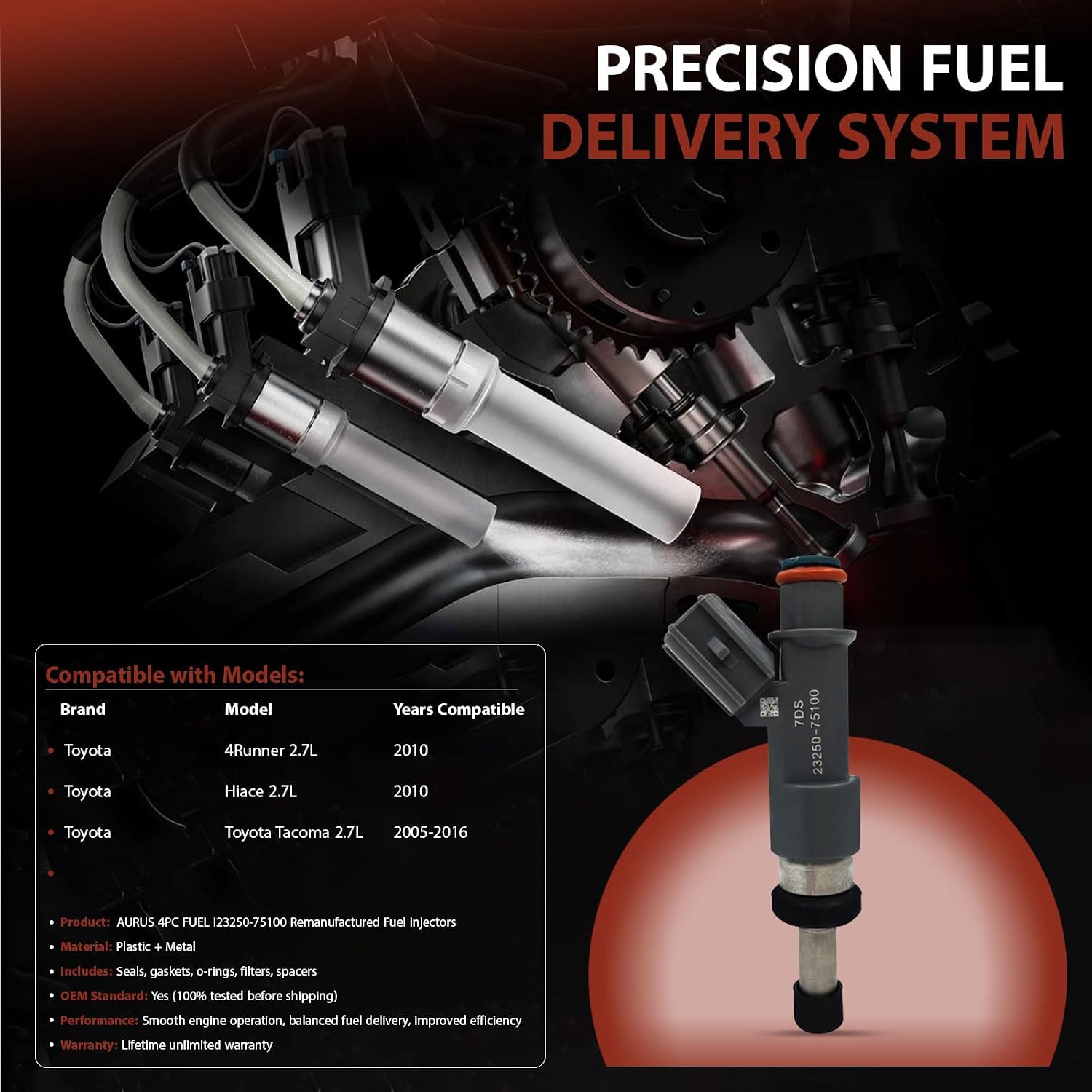 AURUS 4pc Fuel Injectors Compatible with Tacoma 2.7L I4 2TR-FE 2005–2010, 4Runner 2010 & Hiace 2.7L – Replace 23250-75100/23209-75100/842-12376 (Set of 4)