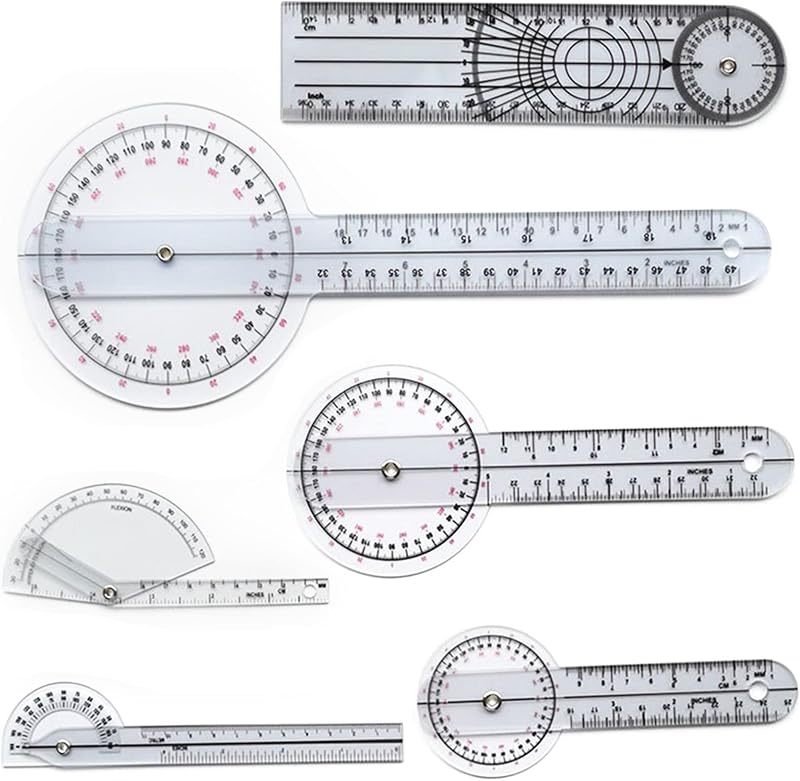 Goniometer Set of 6 with Bag,360°Goniometer Set-Including 6/8/12 inch Goniometer, 8 inch Spinal Goniometer, 6 inch 180°Goniometer & Finger Goniometer