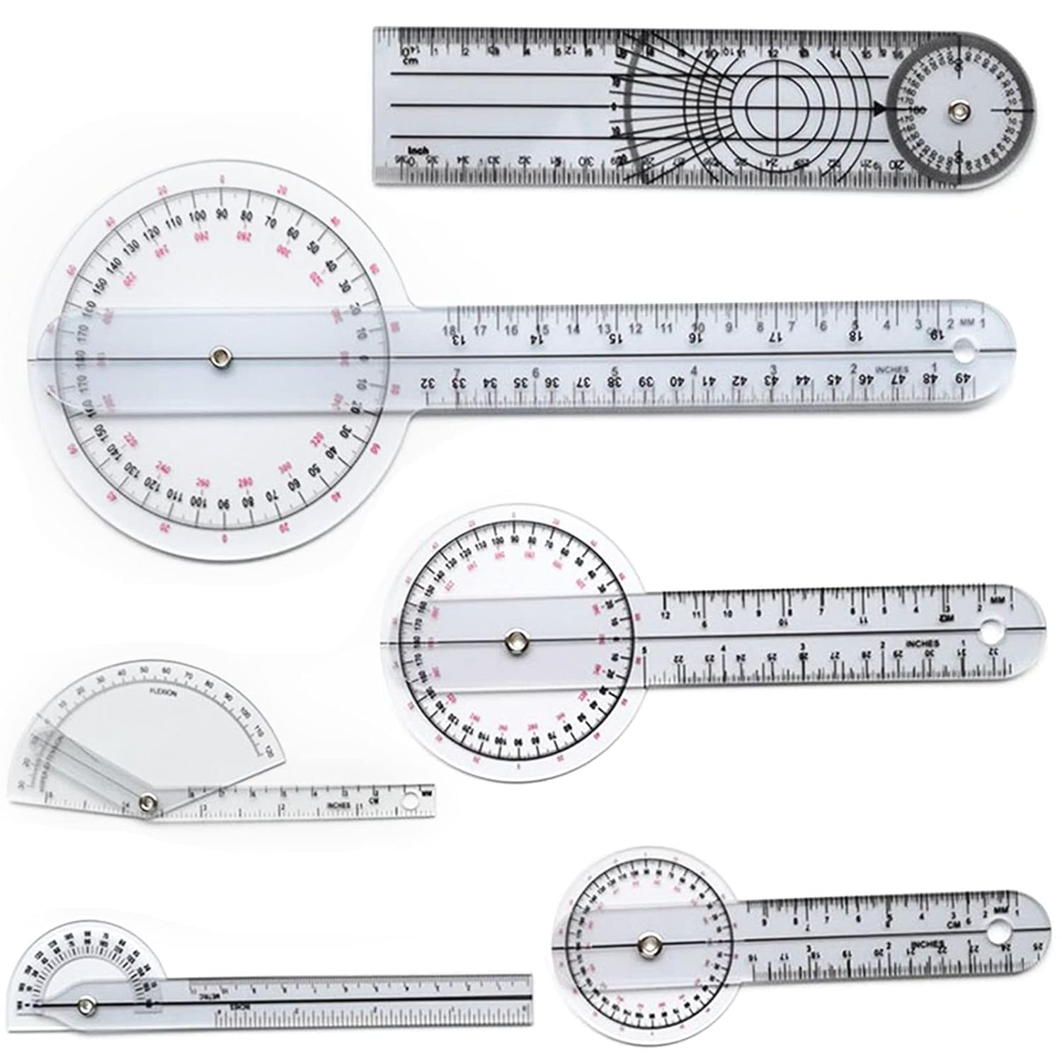 Goniometer Set of 6 with Bag,360°Goniometer Set-Including 6/8/12 inch Goniometer, 8 inch Spinal Goniometer, 6 inch 180°Goniometer & Finger Goniometer