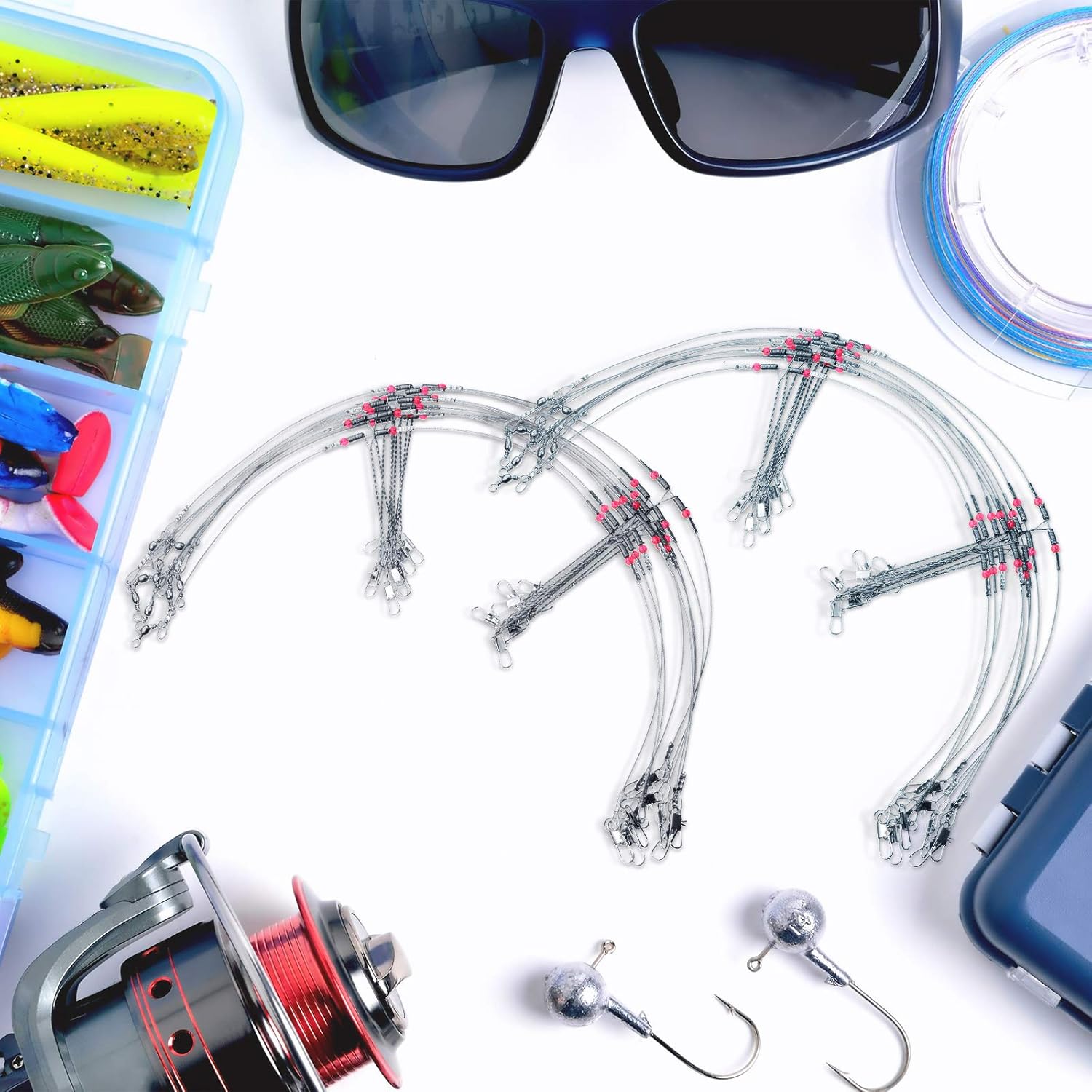 Tackle Rigs Fishing Leaders Stainless Steel Wire Trace Leader 2 Arm Fishing Rigs with Swivels Snap Connect Beads Fishing Line Tackle Fishing Kits for Lures Bait Rig or Hooks (20) : Sports & Outdoors