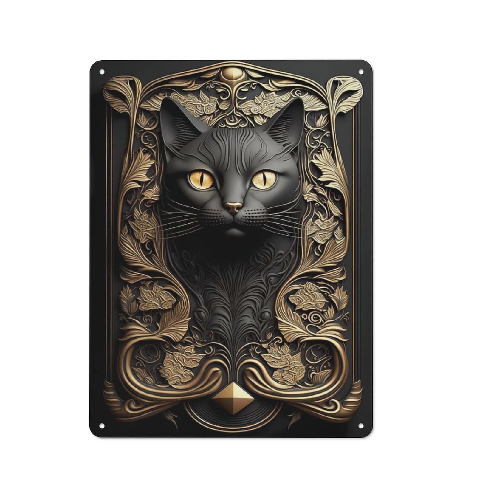 Junmoney Style-18 Black Cat Golden Art Deco Rustic Metal Sign 40X30cm For Garden Room Or Summerhouse, For Themed Interiors In Garden Rooms And Summerhouses