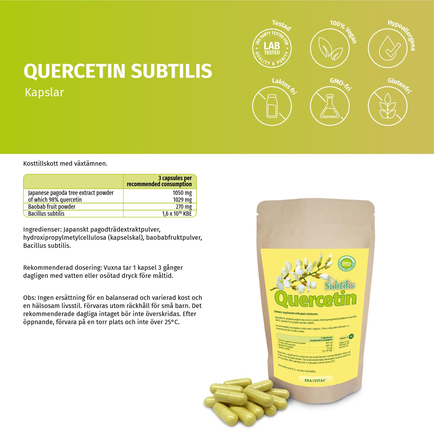 Quercetin Subtilis 270 Kapseln mit wichtigen Begleitern - Baobab-Fruchtpulver und Bacillus Subtilis. Vegan (270 stück (1er Pack))