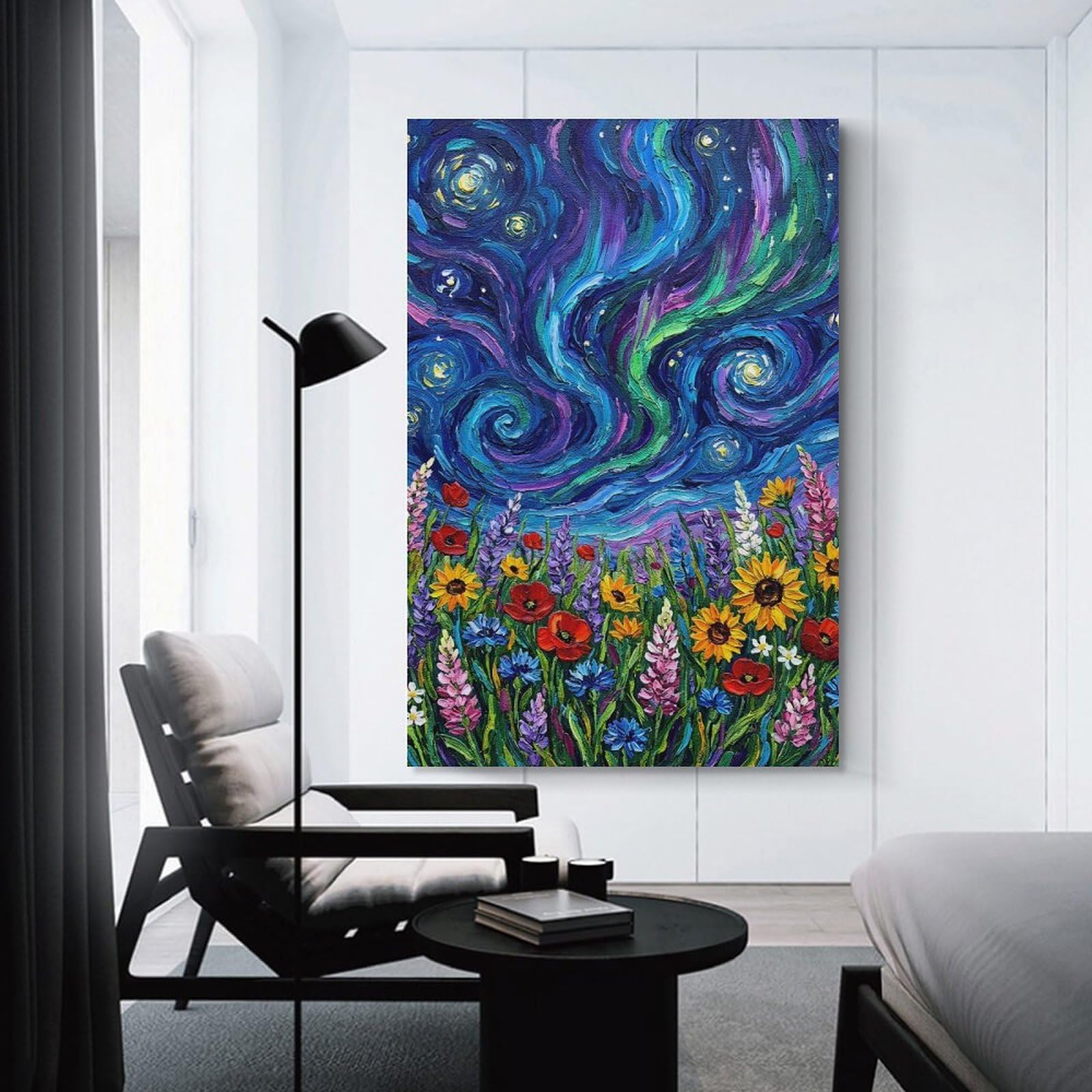 Junmoney Floral Field Under Swirling Night Sky Hanging Wall Art 20x30inch(50x75cm), for Front Hall, Corridor Or Welcome Spaces, Wall Decor to Refresh Empty Corners