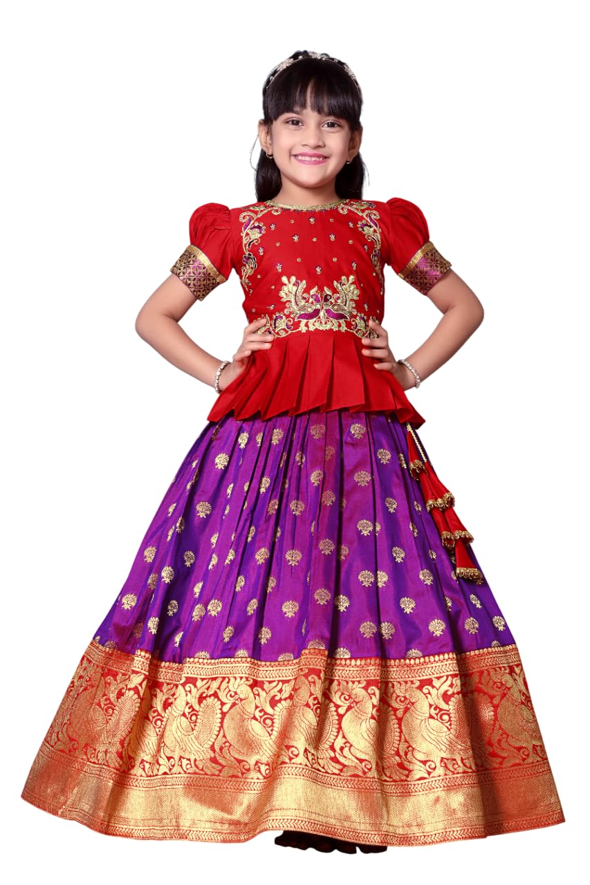 White Button New Latest Girl's Pattu Pavadai Readymade Lehenga Choli For Girls Dress