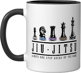 Jiu Jitsu Chess Pieces Black Belt MMA Mixed Martial Arts Ceramic Mug, Black/White, 11oz