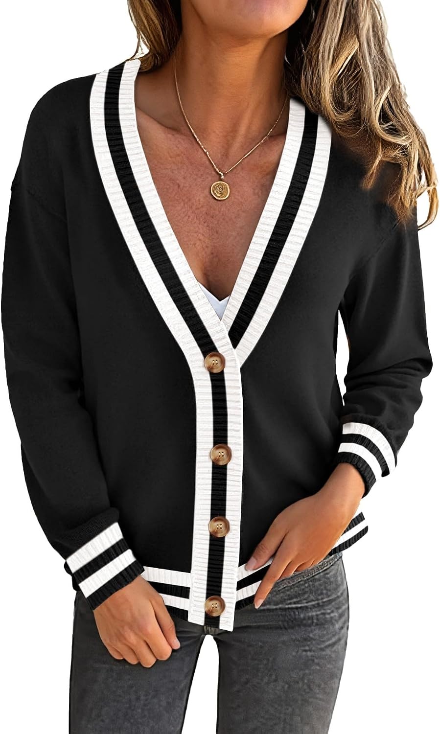 LOMON Women's Button Down Cardigan Sweaters Fall Loose Long Sleeve Jacket