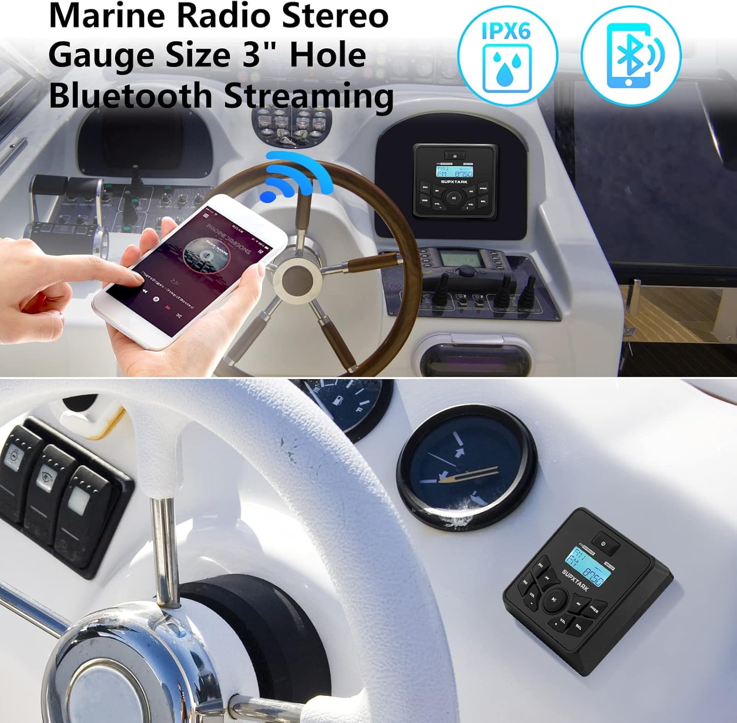 Marine Audio System with Marine Speakers and Gauge Receiver Package, IPX6 Weatherproof Bluetooth Audio Receiver and AM FM Radio Receiver, USB, MP3, Aux Input, 2 x 6.5 Inch Boat Speakers