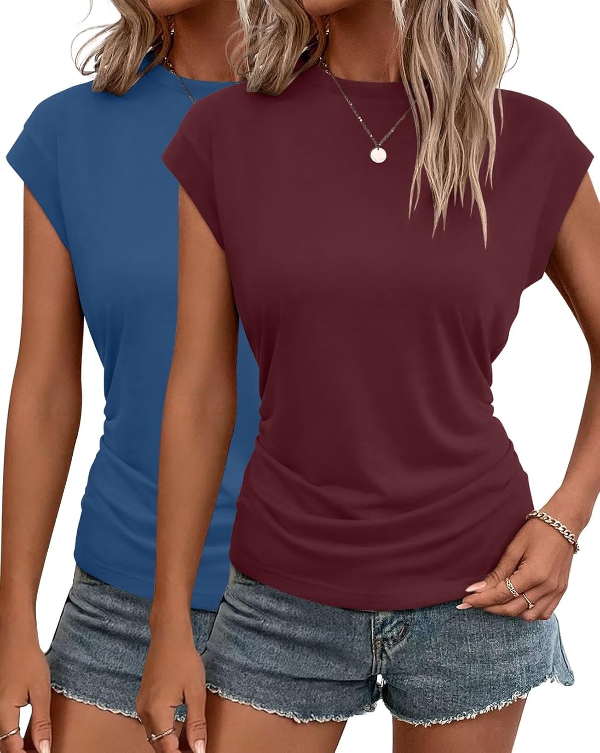 INNOVATOP 2Pack Womens Fall Cap Sleeve Tops Business Casual Crewneck Ruched T Shirts Trendy Outfits Beach Vacation Clothes