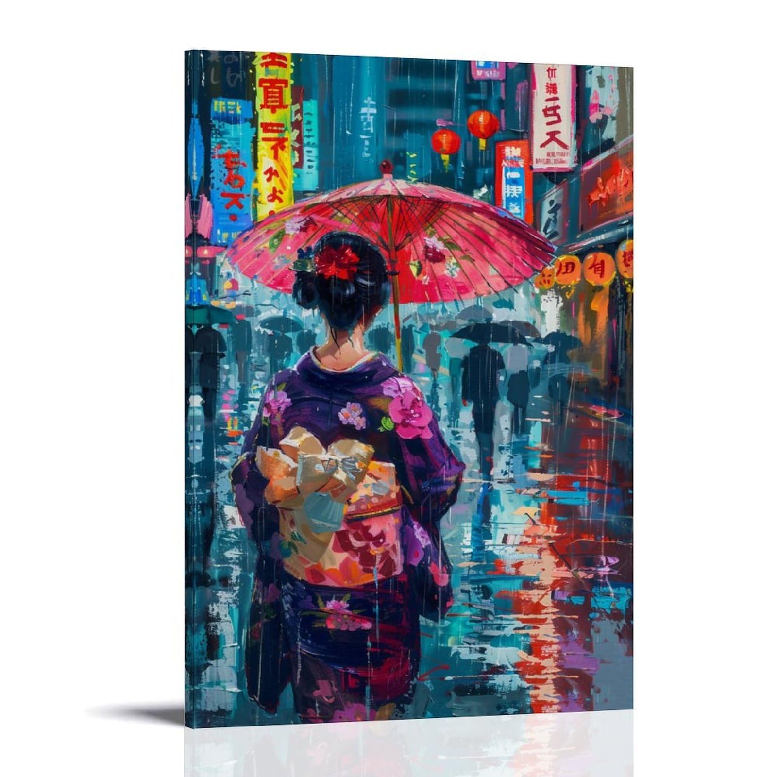 HUERYRYHY Rainy Tokyo Geisha 04 Poster Wall Art Canvas Vintage Aesthetic Painting Decor for Rooms 16x24inch Frame-style