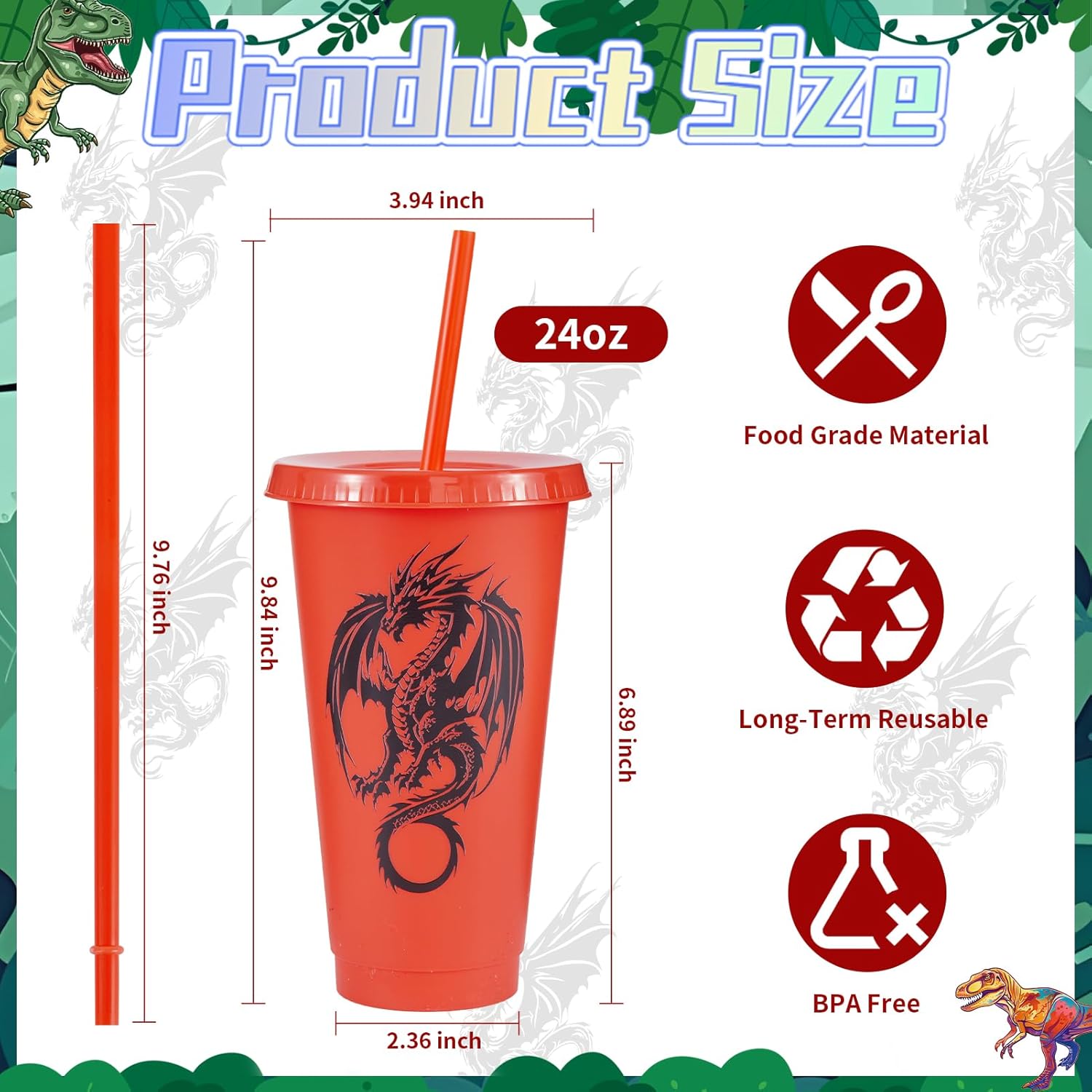 30 Pcs Western Dragon Cups with Lids and Straws, 24 oz Plastic Drink Cups Reusable Bulk Dragon Tumblers for Fantasy Creature Theme Party Supplies Birthday Party Gifts