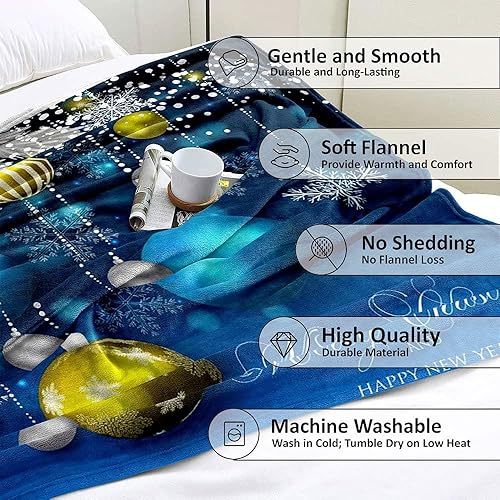 Miniatura 6 de LUVIVIHOME Manta de Feliz Navidad, bolas de Navidad azules doradas, manta de invierno con copos de nieve, manta individual, acogedora manta cálida y