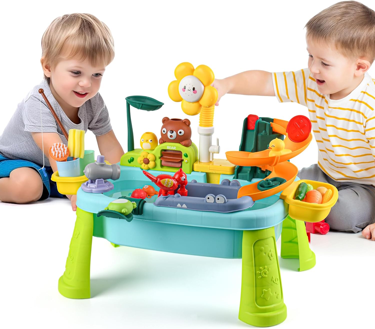 Upgraded Toddler Sand Water Table Toy with Electric Water Pump, Kids Sand Water with Faucet/Play Food Accessories/Fishing Toy, Kitchen Play Sink Toys for Girl Boy Age 3+ (Blue-Cloud)