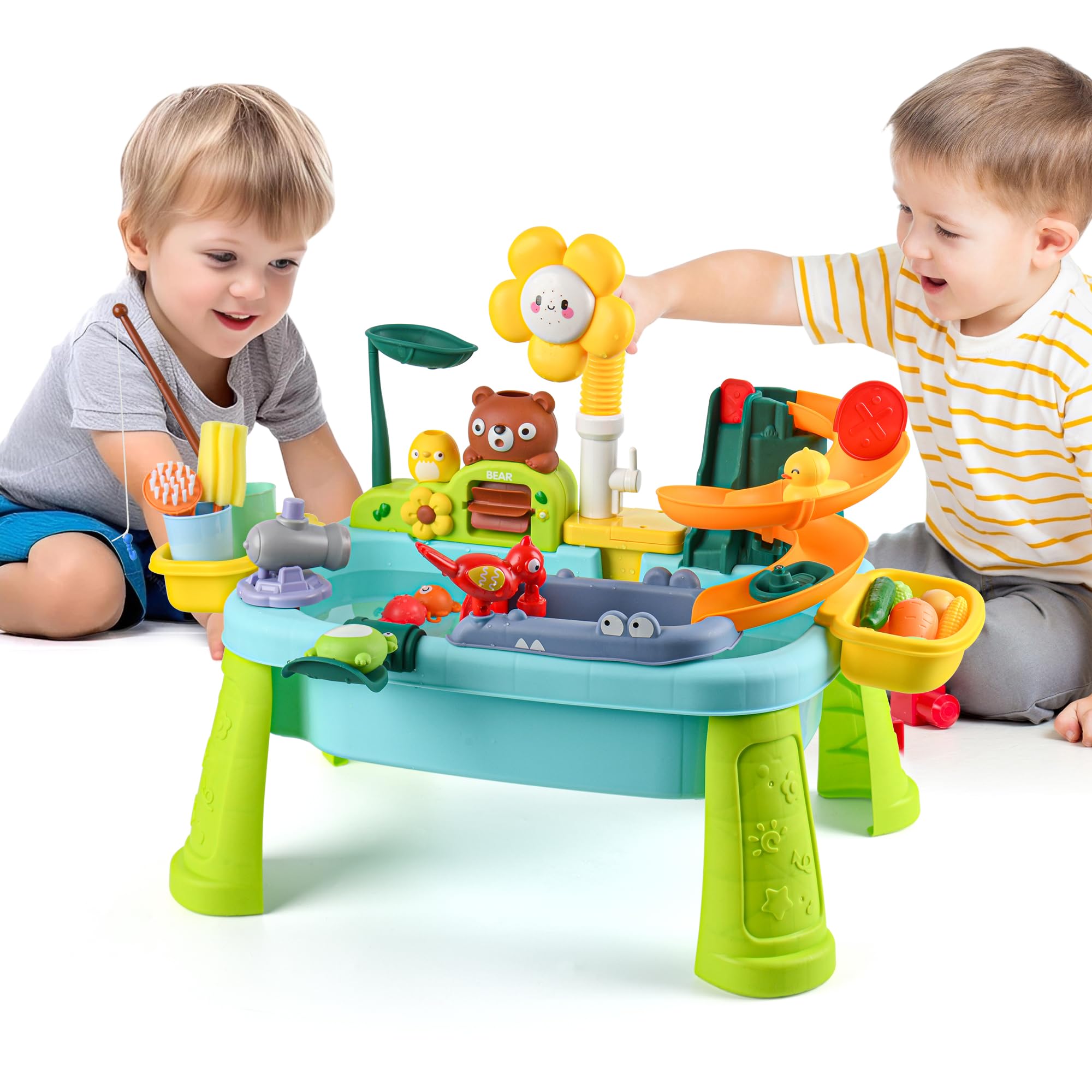 4-in-1 Blue Sunflower Kids Sand Water Table Kitchen Sink Toy | Battery powered water pump & faucet, play food and fishing set, suitable for boys and girls ages 3+