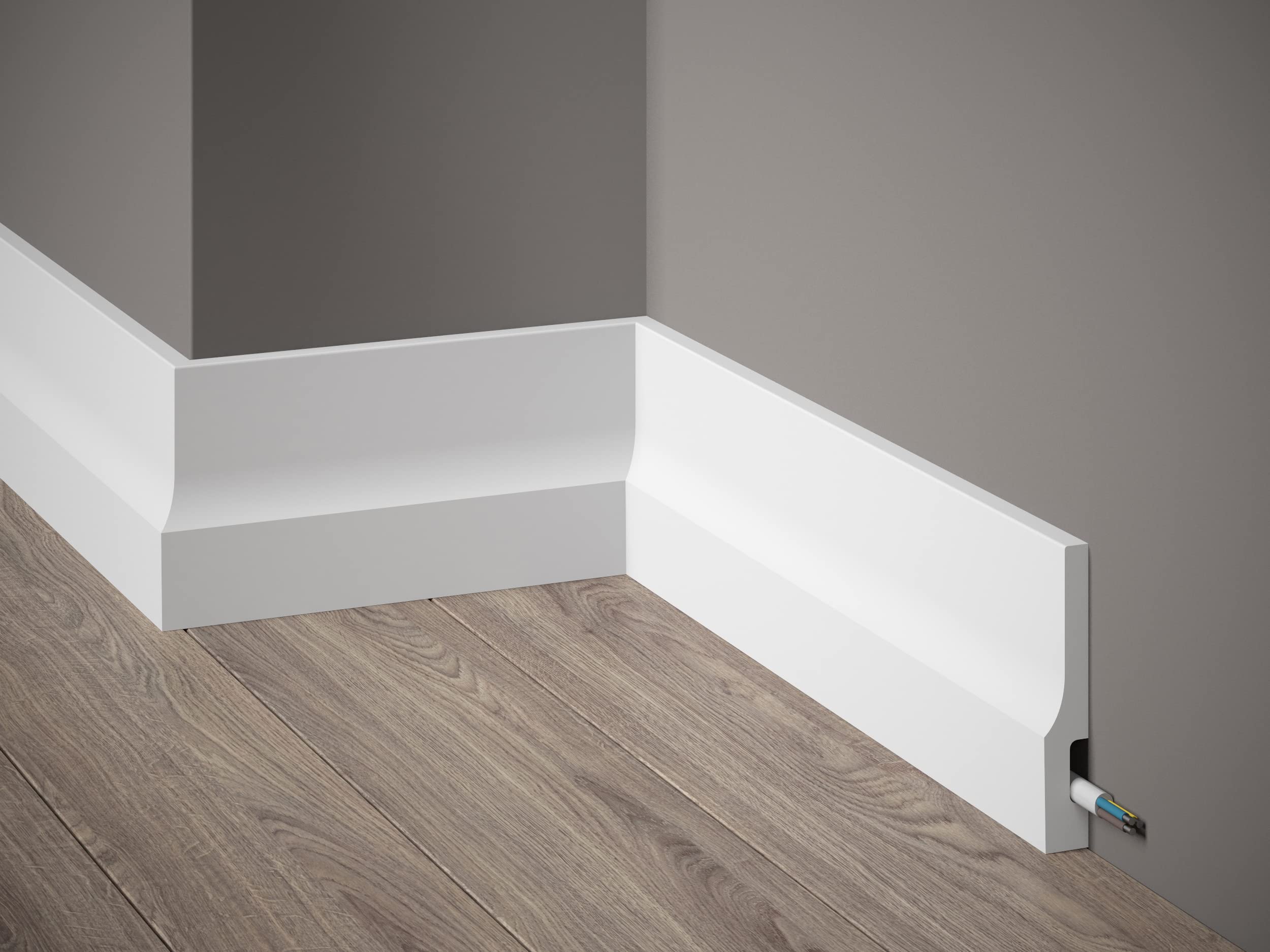 Mardom Decor | QS009P | Plinthe Premium | Plinthe exceptionnelle avec espace pour les câbles | Plinthe avec surface blanche satinée | 200 x 10,0 x 1,6 cm