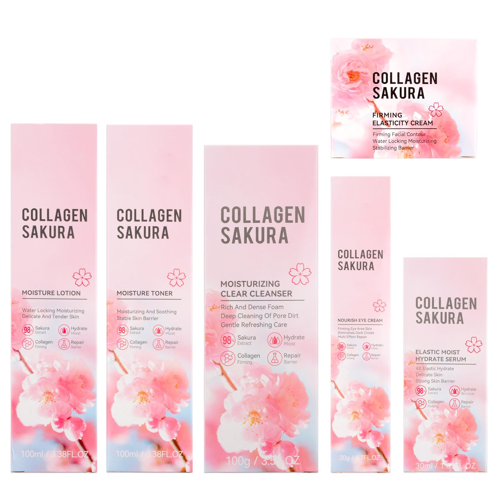 Sakura - Juego de cuidado de la piel de flor de cerezo para adolescentes, hidrata y repara la piel, 6 piezas de colágeno empaquetados individualmente con limpiador, tónico, loción, suero, crema y 8