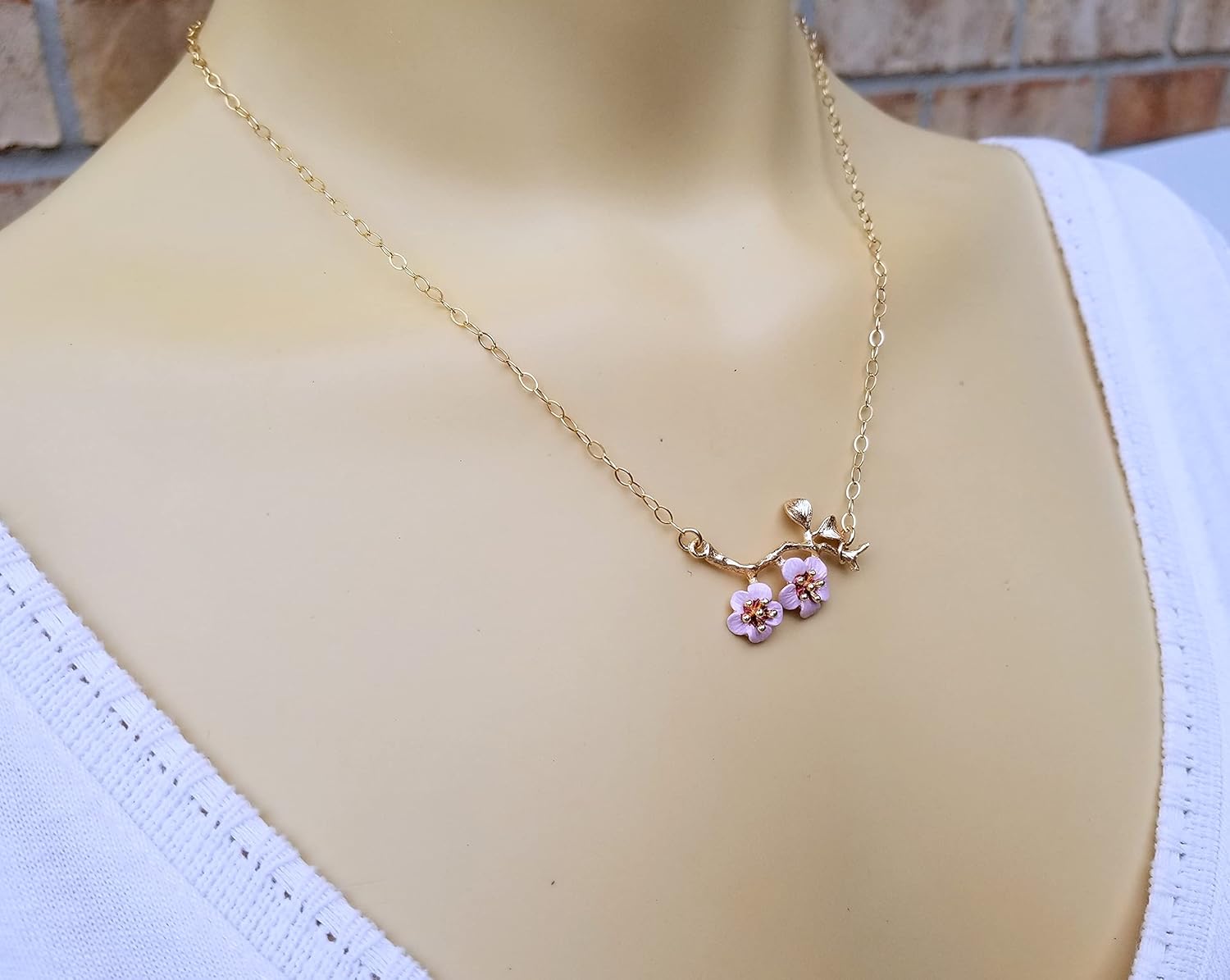 Cherry Blossom Flower Choker Necklace with Gold Filled Chain - Hand Painted Quality Handmade Gift