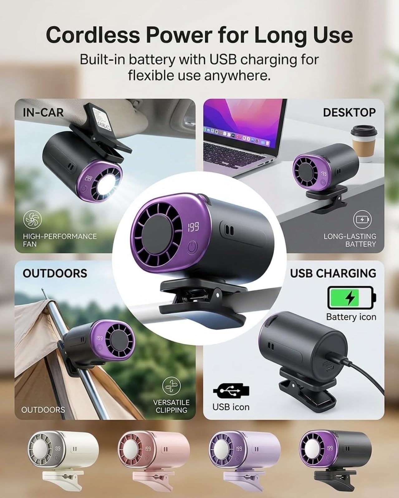 Ventola per condizionatore d'aria 2026 con clip per auto, con display a LED, mini sistema di raffreddamento portatile per auto, gadget alimentato a batteria ricaricabile tramite USB, rotazione a 360°