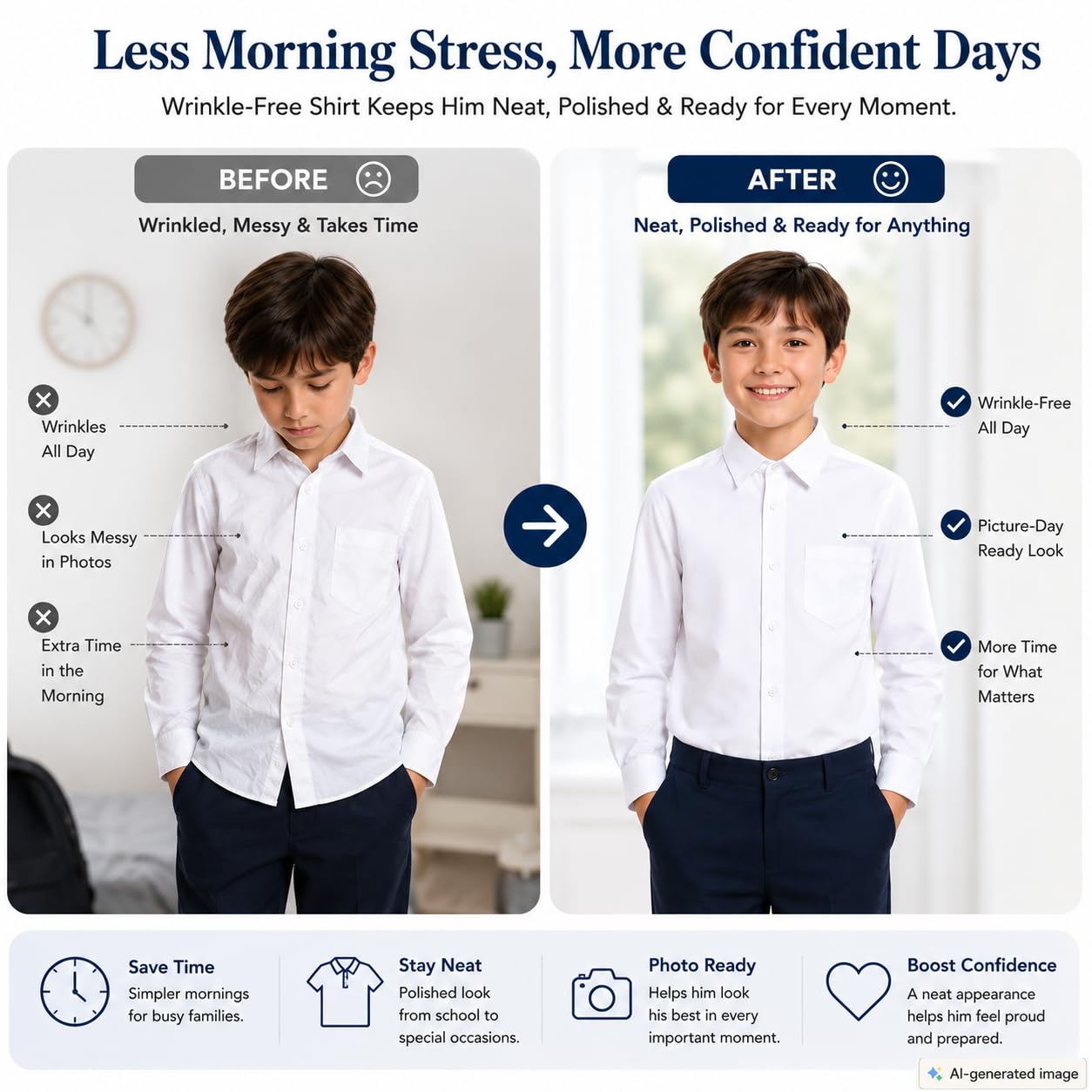 Bienzoe - Camisa Oxford de manga larga con botones para niño - Blanco - (10- 11 años)