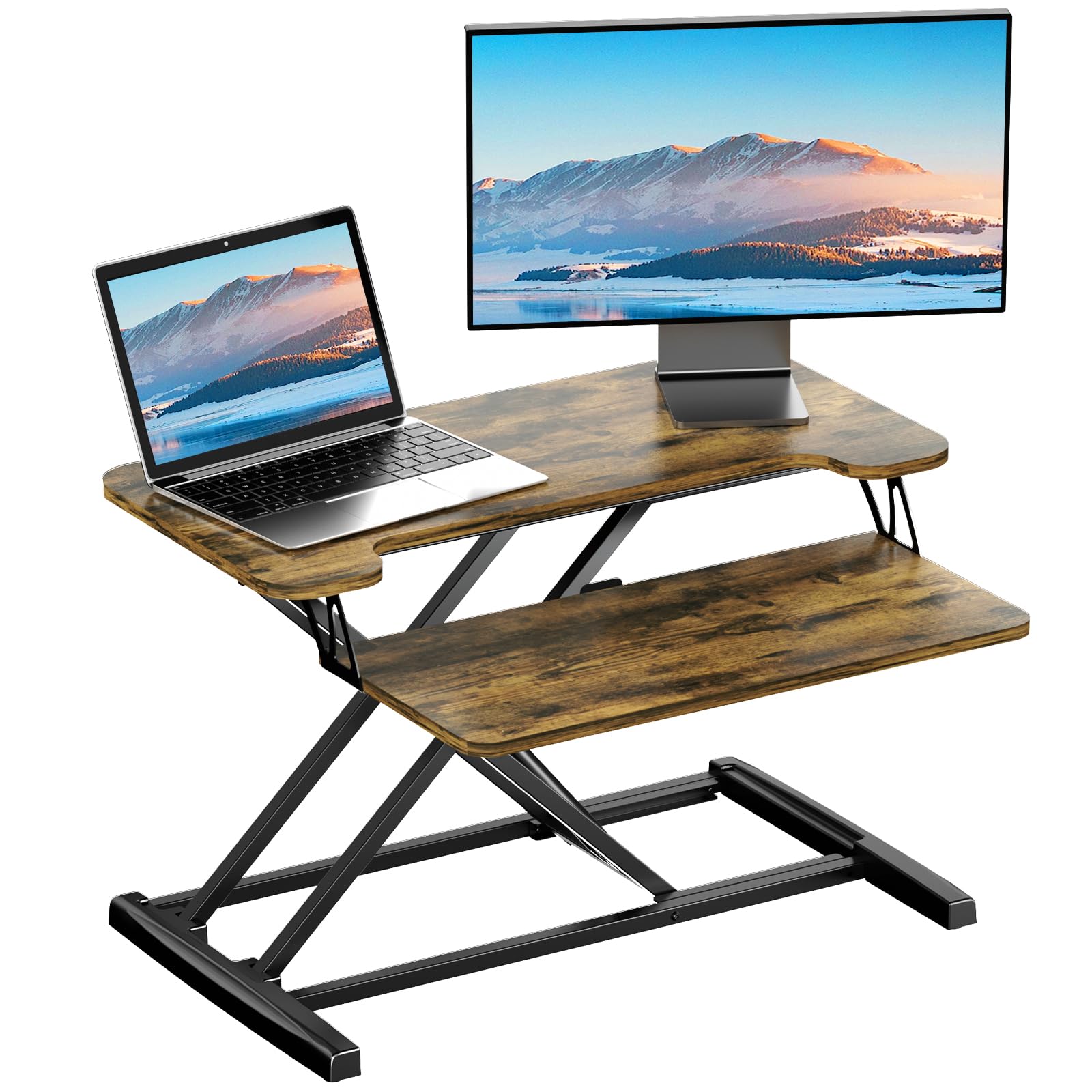 PUTORSENStanding Desk Converter with Height Adjustable 32 inch Stand Up Desk, Ergonomic Sit Stand Dual Monitor and Laptop Riser Tabletop Workstation Rustic