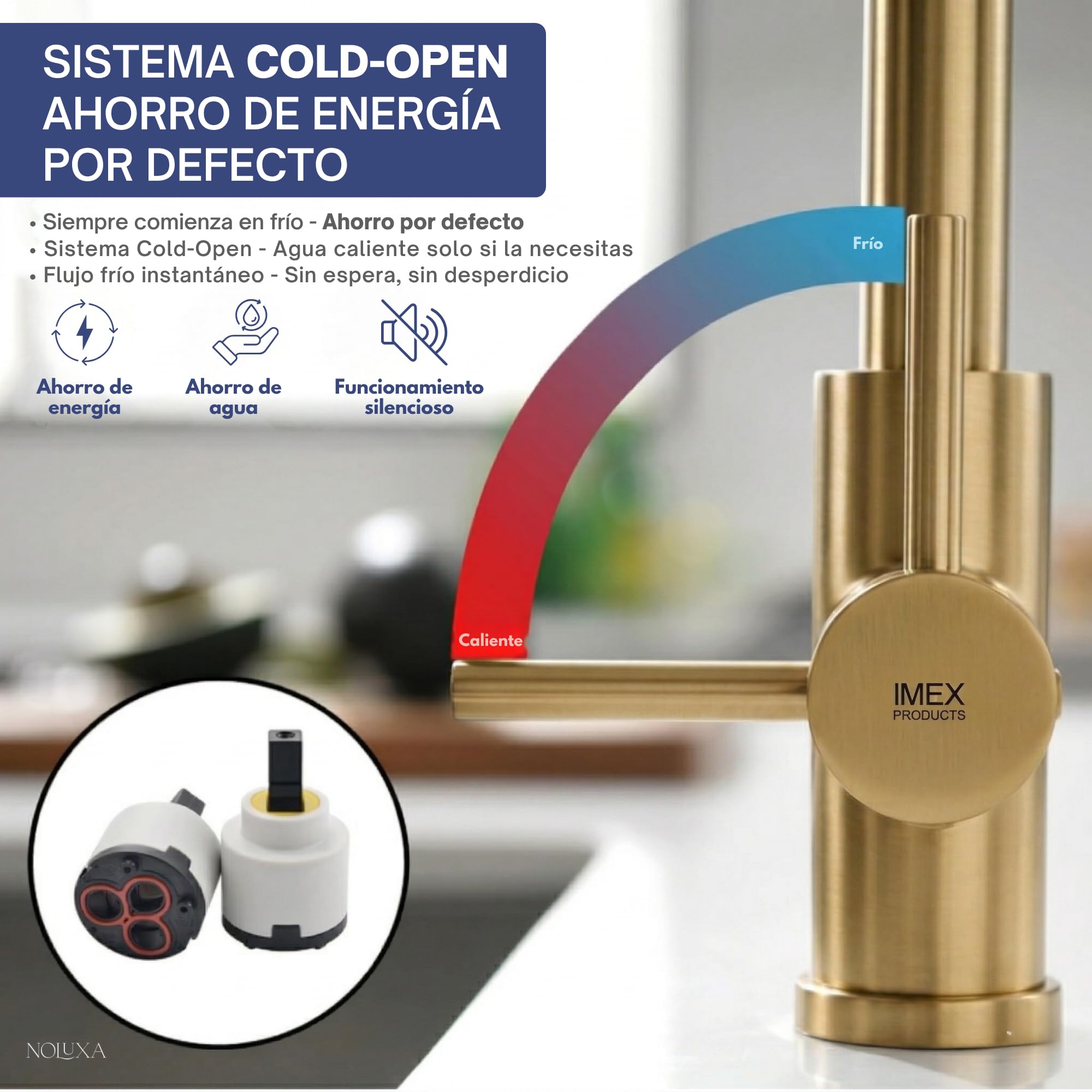 IMEX - Grifo Cocina Dorado Caño Alto | Grifo Monomando Fregadero | Griferia Cocina | Grifo en Latón con Cartucho Cerámico Ø35mm | Serie Loira | Color Oro Cepillado