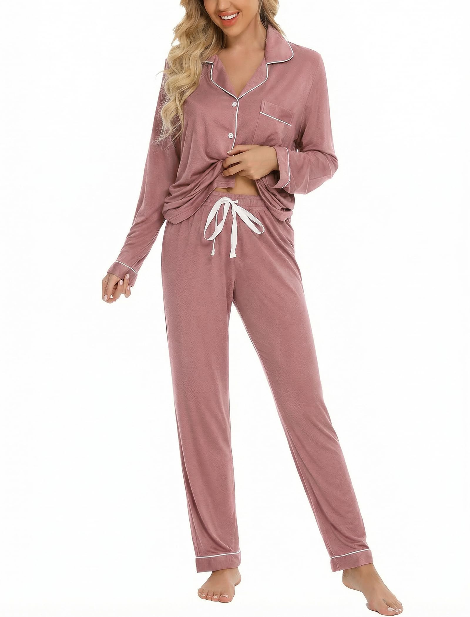 Leikar Button Up Pajama Set For Women Long Sleeve Shirt And Pajama Pants Soft Pjs Lounge Sets