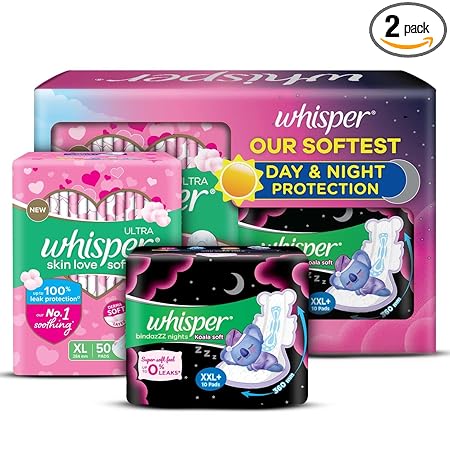 Whisper Soft Day & Night Sanitary Pads For Women Of 60 Thin Pads|50 Whisper Ultra Soft Xl Pads With 10 Koala Nights Xxl+ Pads|Complete Period Protection|With Disposable Wrap