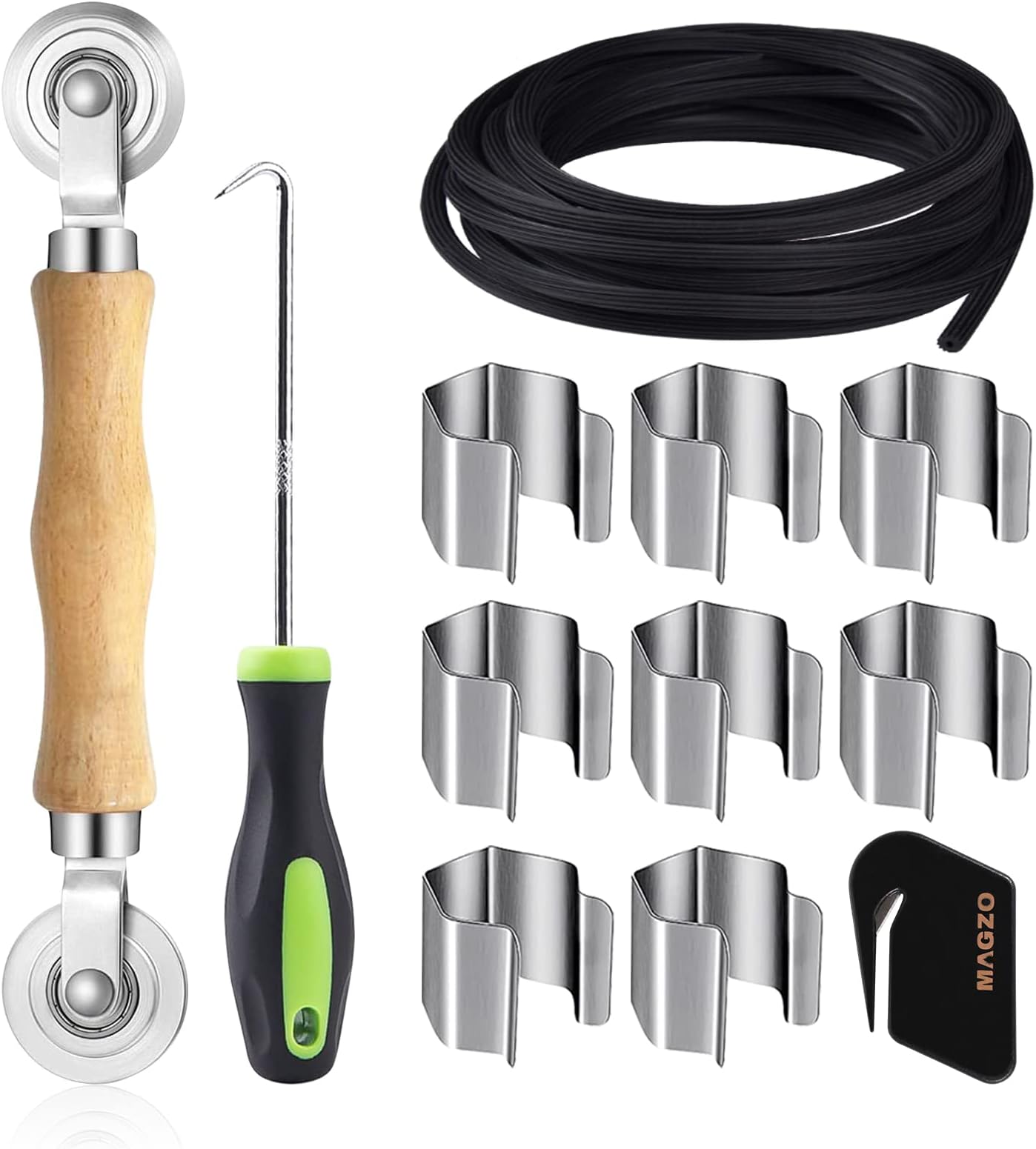 Screen Tool Kit, Screen Rolling Tool & Retainer Clips (8 Piece) with Screen Cutter Tool, Screen Spline (32 ft), Spline Removal Hook for Repair & Installing Doors and Windows Screens