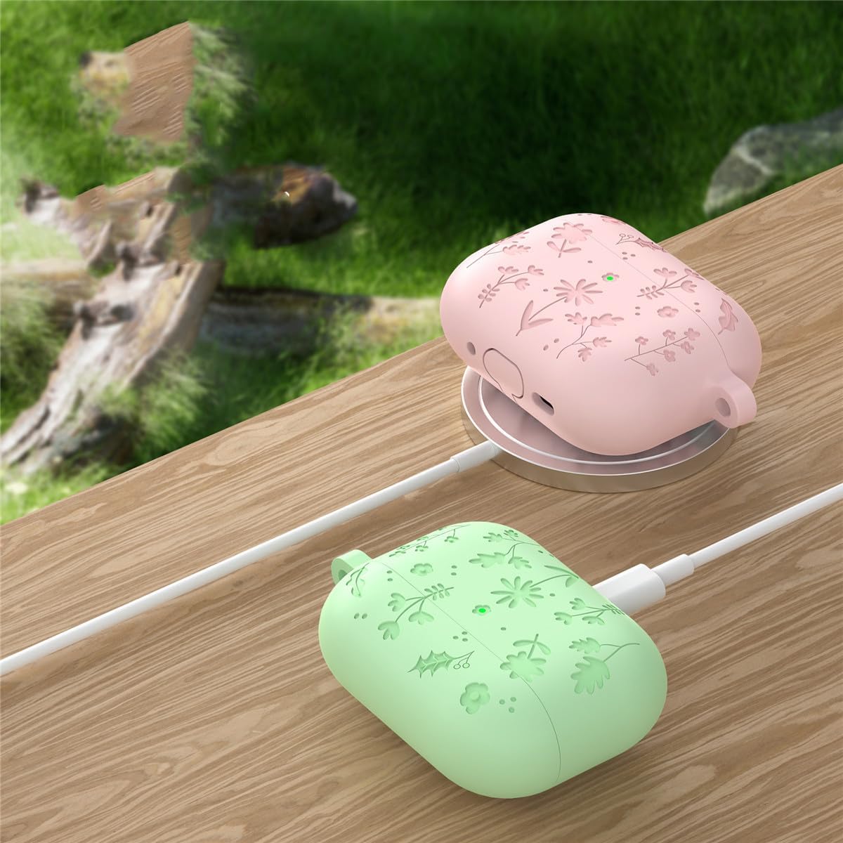 Cute Flower Engraved Case for AirPods Pro 3 Case Cover 2025 with Cleaner kit, Airpods Pro 3 Cases Anti-Drop Silicone Earbuds Charging Cases Keychain for Women Airpods Pro 3rd Generation (Green) image 2