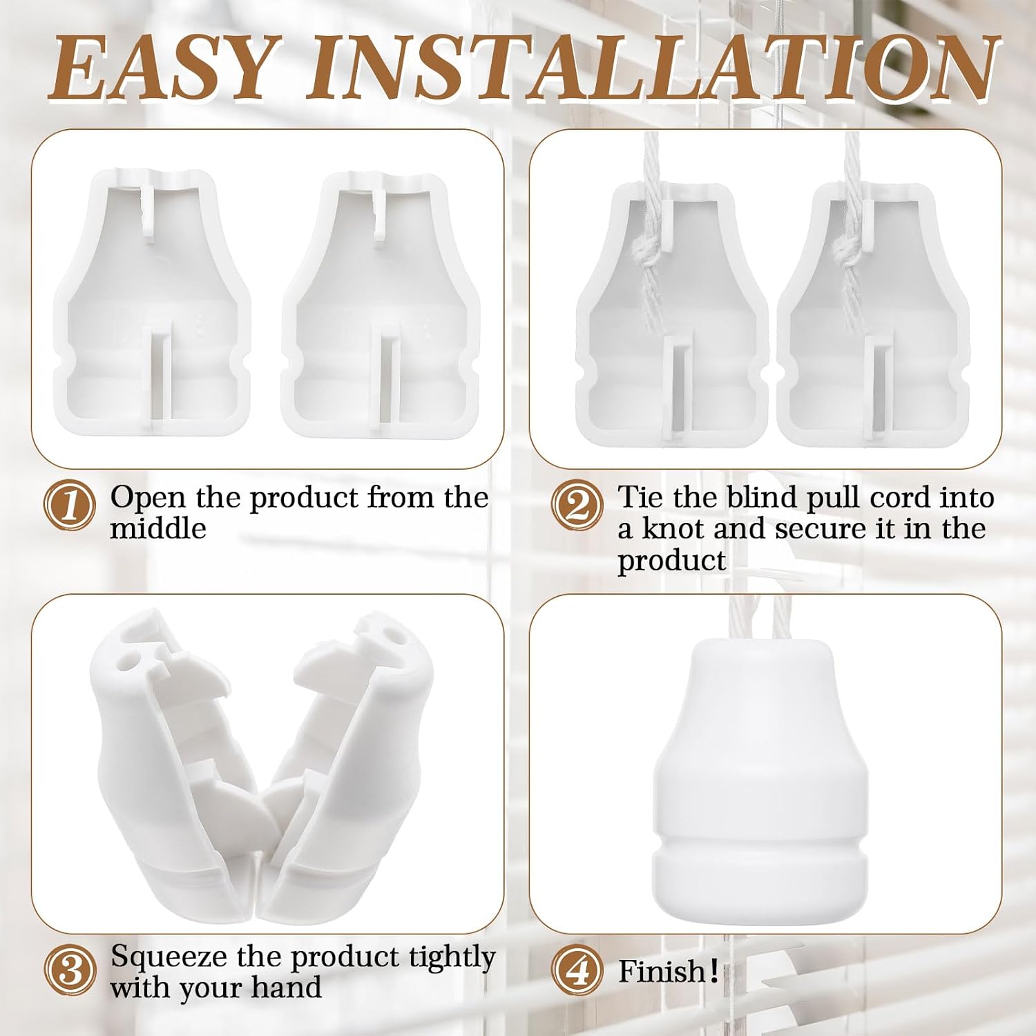Pangda 10 Pack Blind Pull Cord Knobs - Anti-Strangulation Breakaway Design (Bell Shape, 4-Hole) Durable Plastic Tabs, Tool-Free Install Fits Blinds, Shades & Curtains, Safe for Kids and Small Pets