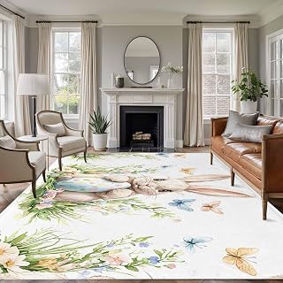 Area Rugs 5x7 for Living Room, Easter Non Slip Washable Rug Runner, Spring Bunny Eggs Flowers Butterfly Herbs Rustic Low Pile Indoor Floor Carpet Mat Bathroom Rugs for Bedroom, Kids Room