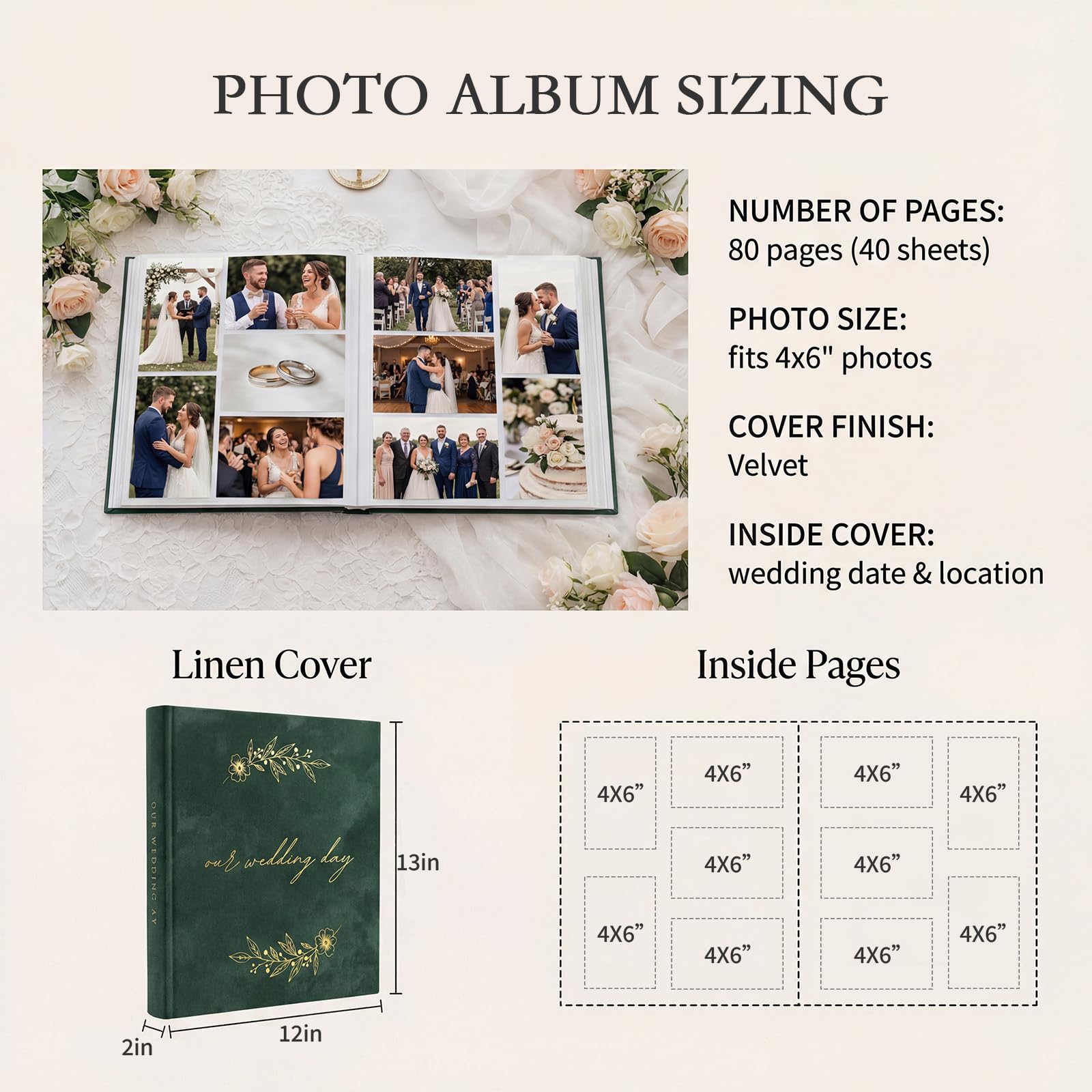Hochzeits-Fotoalbum, grünes Hochzeits-Scrapbook mit 400 Taschen für horizontale und vertikale Fotos (10,2 x 15,2 cm), Leinen-Hochzeitsalbum für personalisierte, Familienjubiläum/Paargeschenke