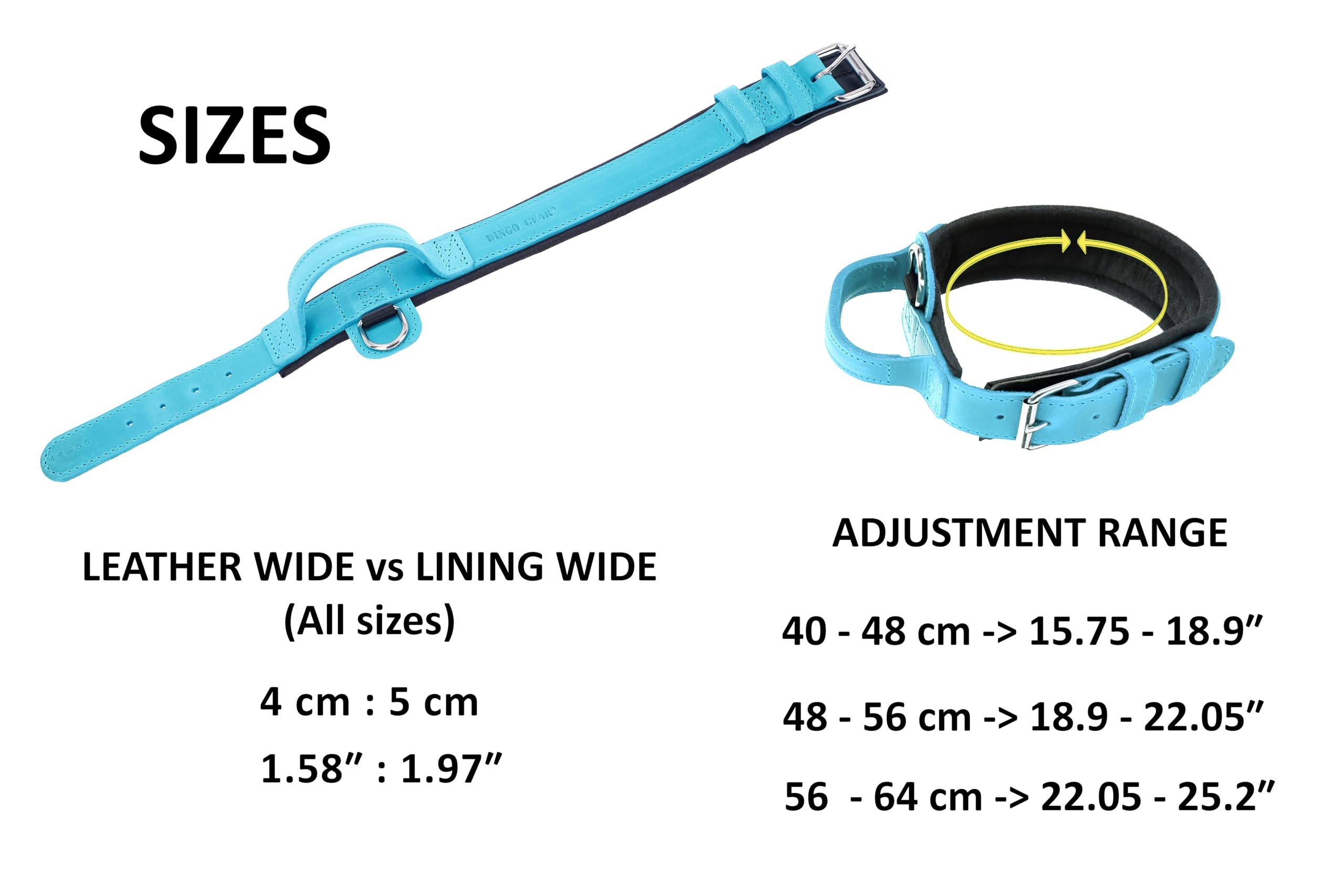 DINGO GEAR Drago skórzana obroża dla psa, amortyzowana, z mocnym szerokim uchwytem, ręcznie robiona, obwód szyi 48-56 cm, do treningu i spacerów, ochrona przed ciągnięciem, miękka wyściółka, niebieska