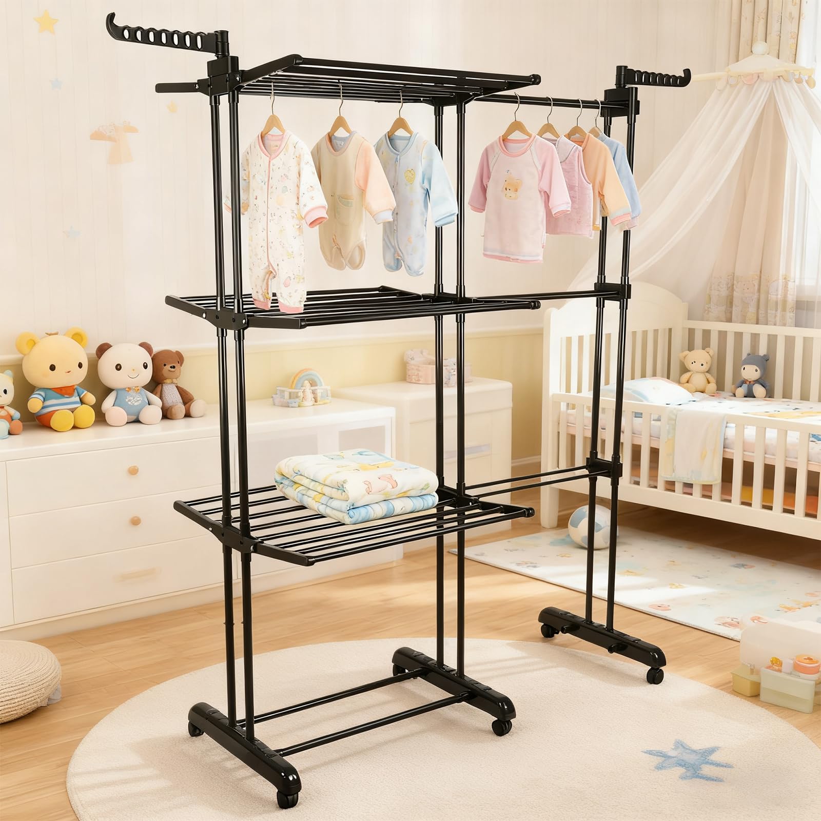 Tendedero de ropa de 4 niveles – Secador de ropa plegable con ruedas, tendedero interior y exterior de acero inoxidable, gran secadora de ropa para lavandería, balcón, 142,5 x 64 x 170 cm (negro)