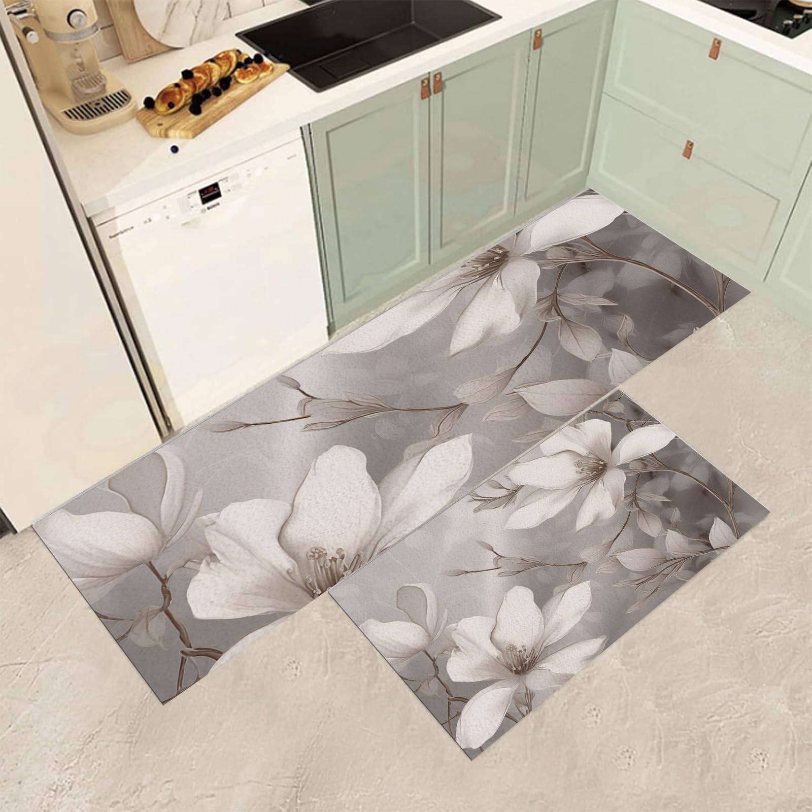 Tapis de cuisine antidérapants lavables anti-fatigue fleurs lot de 2