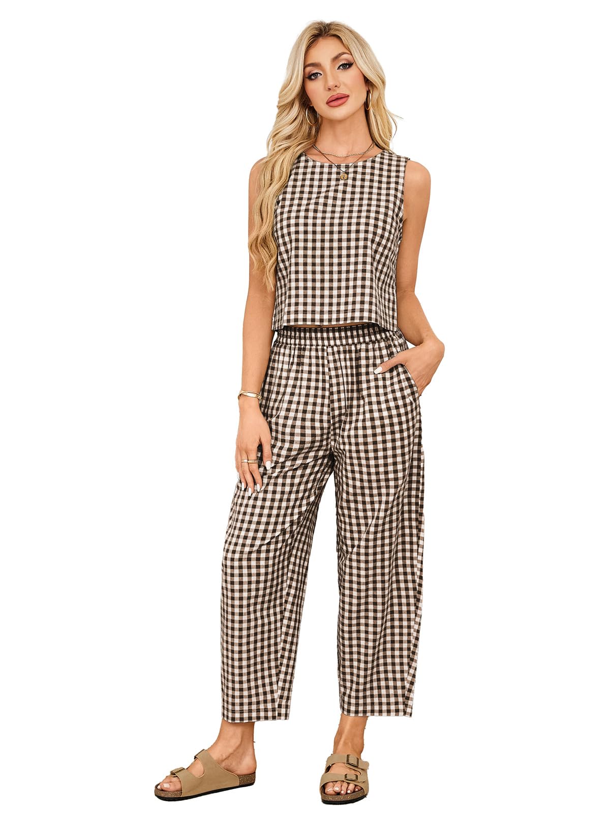 SotRong Gingham - Conjunto de dos piezas de verano para mujer, ajuste holgado, a cuadros, patrón a cuadros, ropa de ocio, cuello redondo, sin mangas, cintura alta, pantalones recortados, elegante, Y2k