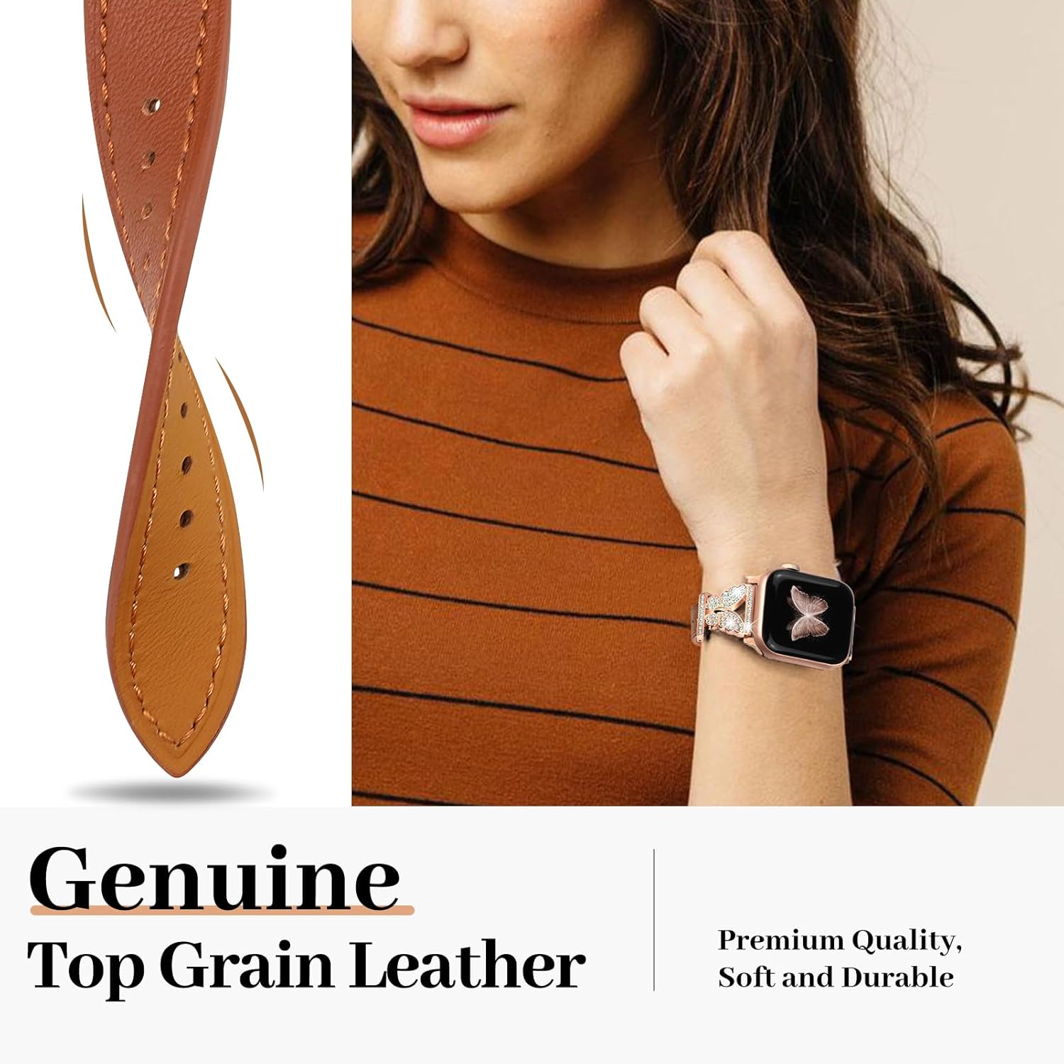 JR.DM Leather Watch Bands for Women Compatible with Apple Watch 46mm 42mm(S3/2/1) 44mm 45mm 49mm Gold Bling Butterfly Connector Slim Leather Strap for iWatch Series 11/10/9/8/7/6/5/4/3/2/1/SE/Ultra - Image 4