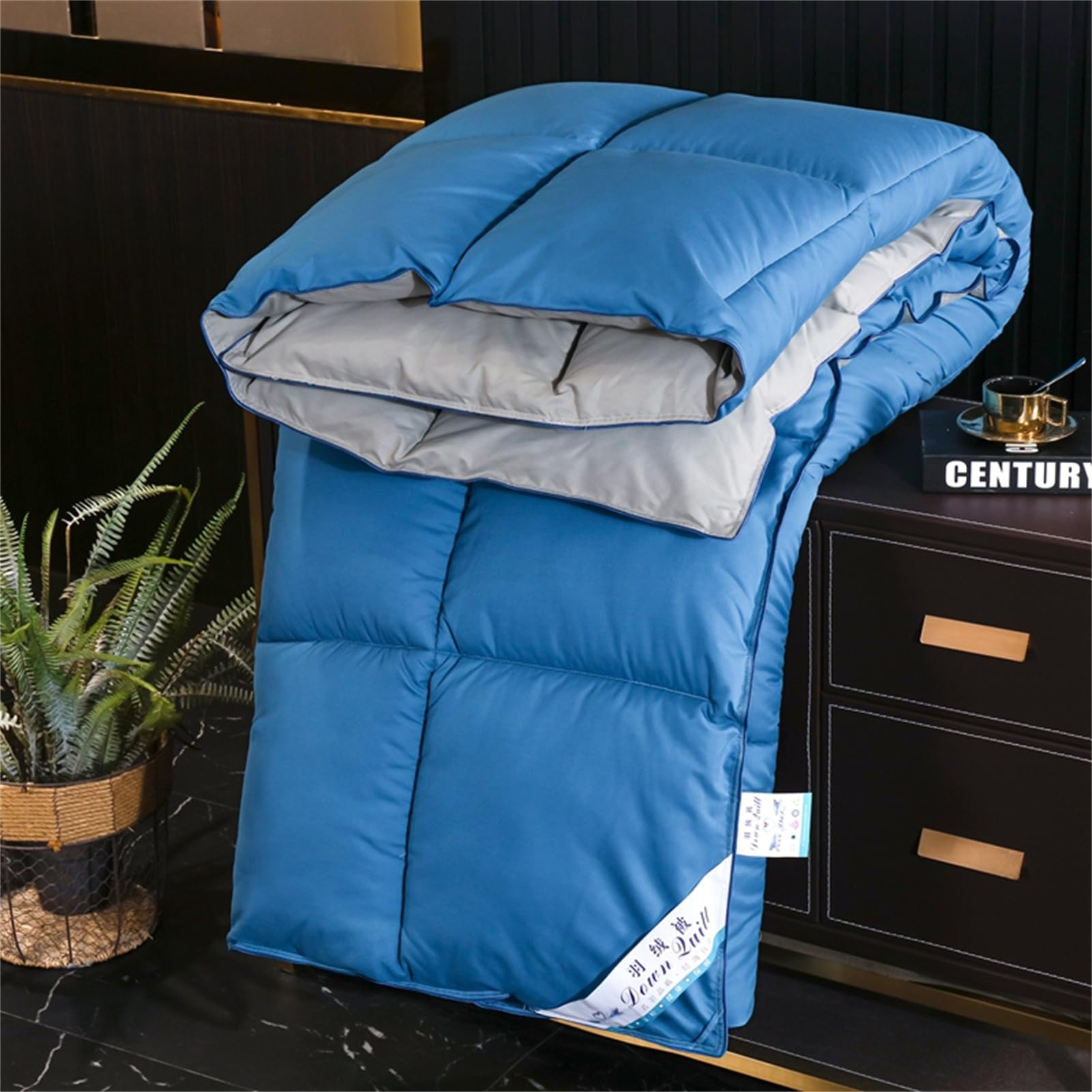 Edredón Nórdico De Plumas Edredón Cama Todas Estaciones, Relleno Pluma Y Plumón De Ganso Desde Latitudes Altas, Ligero Y Suave, 100% Algodón, Lavar A Maquina, 240x220cm (Blue+Gray,220*240 cm 5kg)