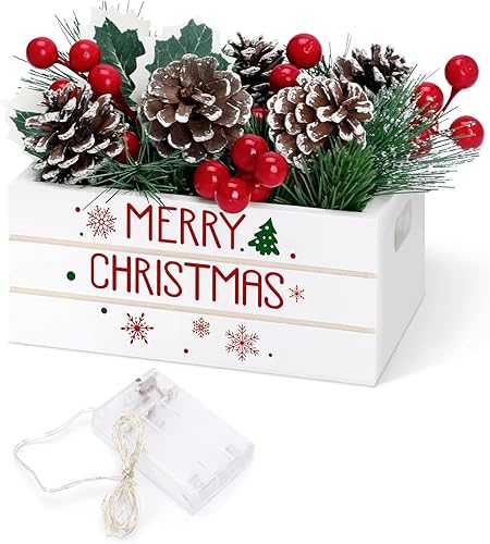 Huray Rayho Centro de mesa de Navidad, 26 piezas, decoración de bandeja escalonada, flor de pino artificial con piñas, bayas rojas, mini cesta de disponible en Yaxa Peru