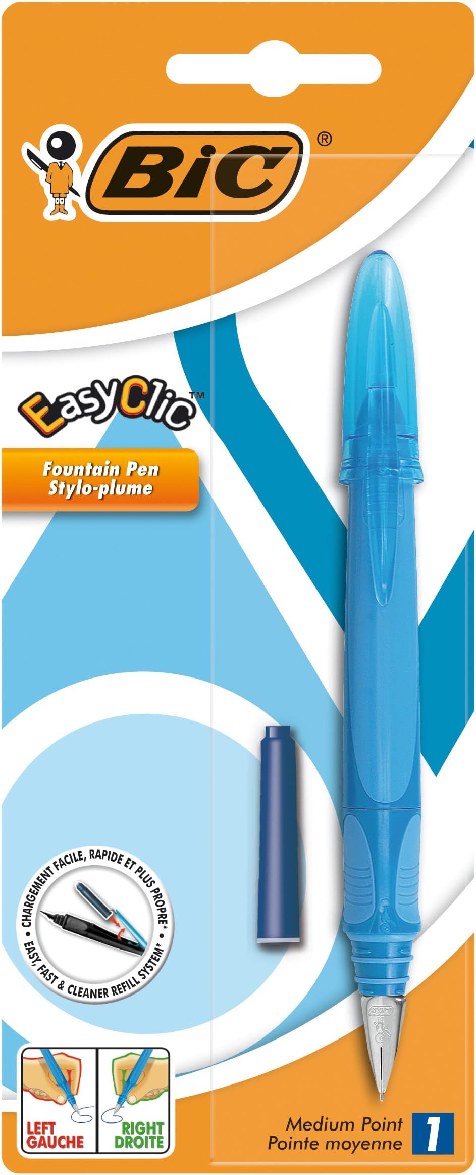 Bic EasyClic Standard Fountain Pen with Blue Ink 1 Pack
