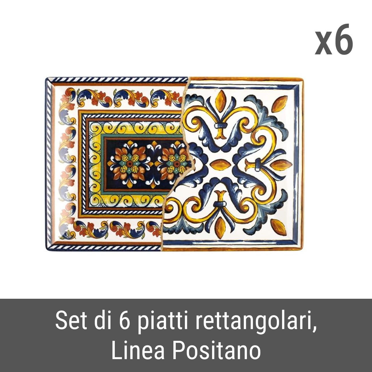 H&H Positano Set 6 Piatti Rettangolari in Stoneware 30x20 cm, Decoro Maioliche Mediterranee, Piatti da Portata per Antipasti e Aperitivi, Lavastoviglie e Microonde