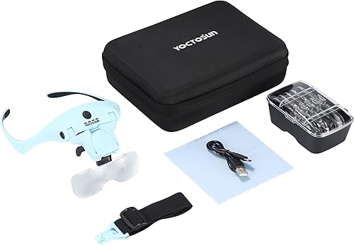 Miniatura 9 de YOCTOSUN Lupa con 4 luces LED, lupa de montaje en cabeza con estuche de almacenamiento, 5 lentes, diadema, visor de aumento iluminado manos libres