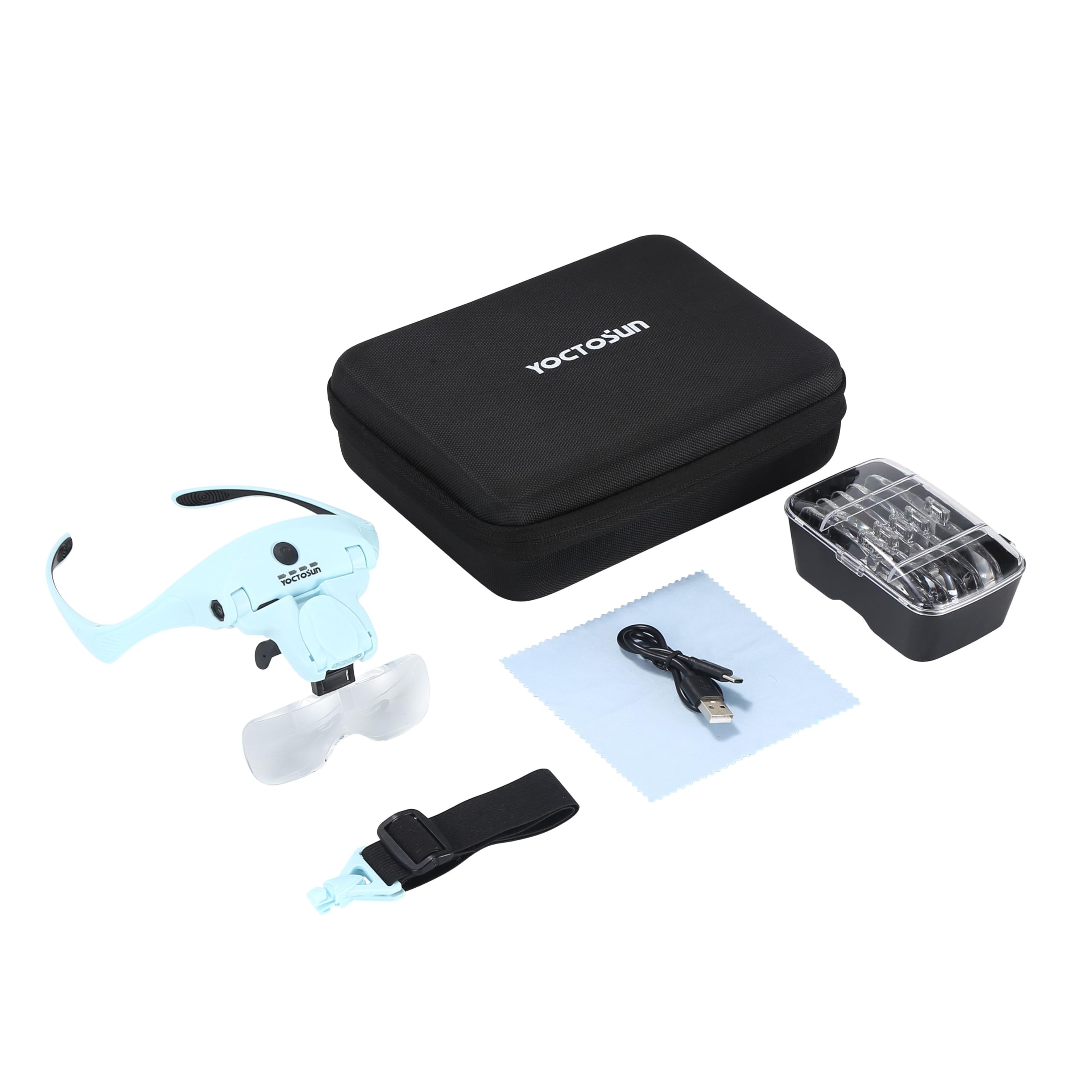 YOCTOSUN Lente d'ingrandimento con 4 luci LED, lente d'ingrandimento con custodia, 5 lenti, fascia per capelli, testa illuminata a mani libere, per hobby e lavori ravvicinati