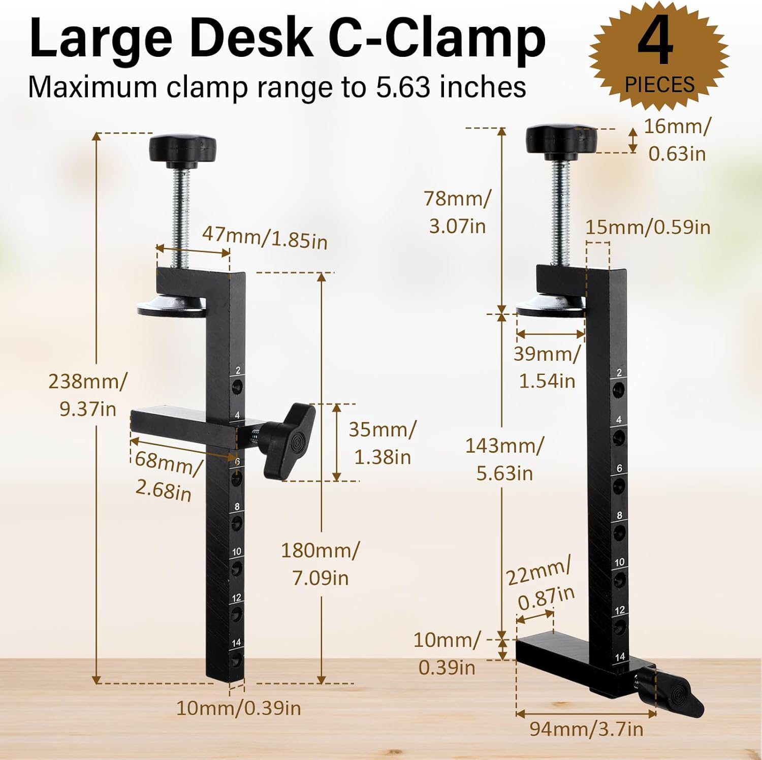 4 Pcs Large Desk C-Clamp Range of 0-5.63 Inch Heavy Duty Steel Adjustable Table Metal G-Clamp Cabinet Installation Furniture Face Frame for Fastening Welding Building Woodwork Metal Work
