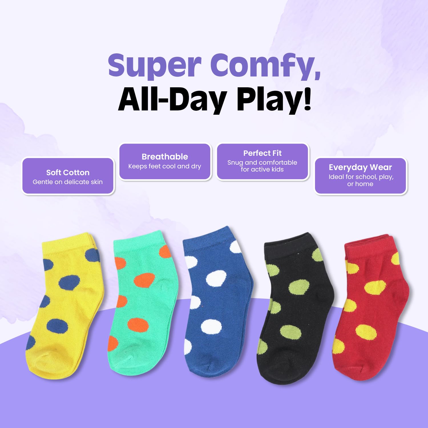 LEALDEALZ Kid's Socks for Boys and Girls - Made with Soft & Breathable Cotton with Antibacterial Wash, Pack Of 5, Circle Printed - For 6 Years To 8 Years Old, Suitable for all day long use 3